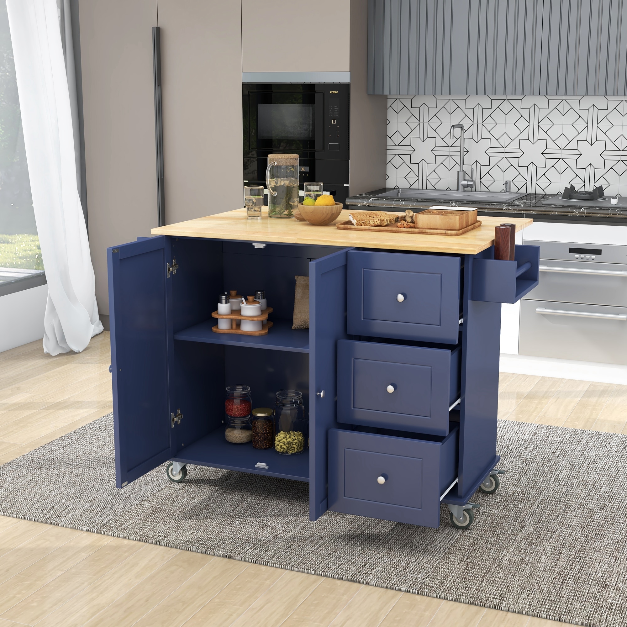 Nestfair LWF00035AN Blue Wood Base with MDF Wood Top Rolling Kitchen Island ( 29.5-in x 52.7-in x 36.9-in )