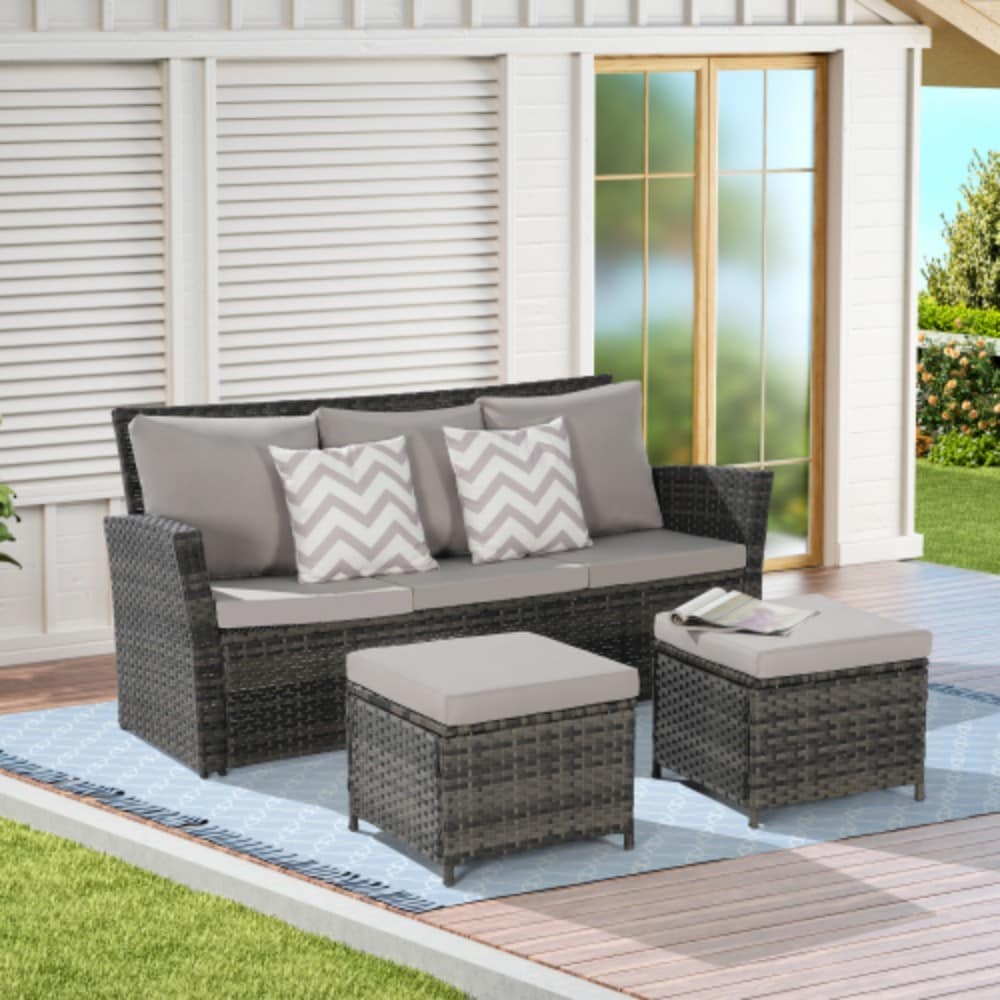 Sunrinx MG12-PFF-15 3 -Piece Rattan Patio Sofa Conversation Set with Light Gray Cushions