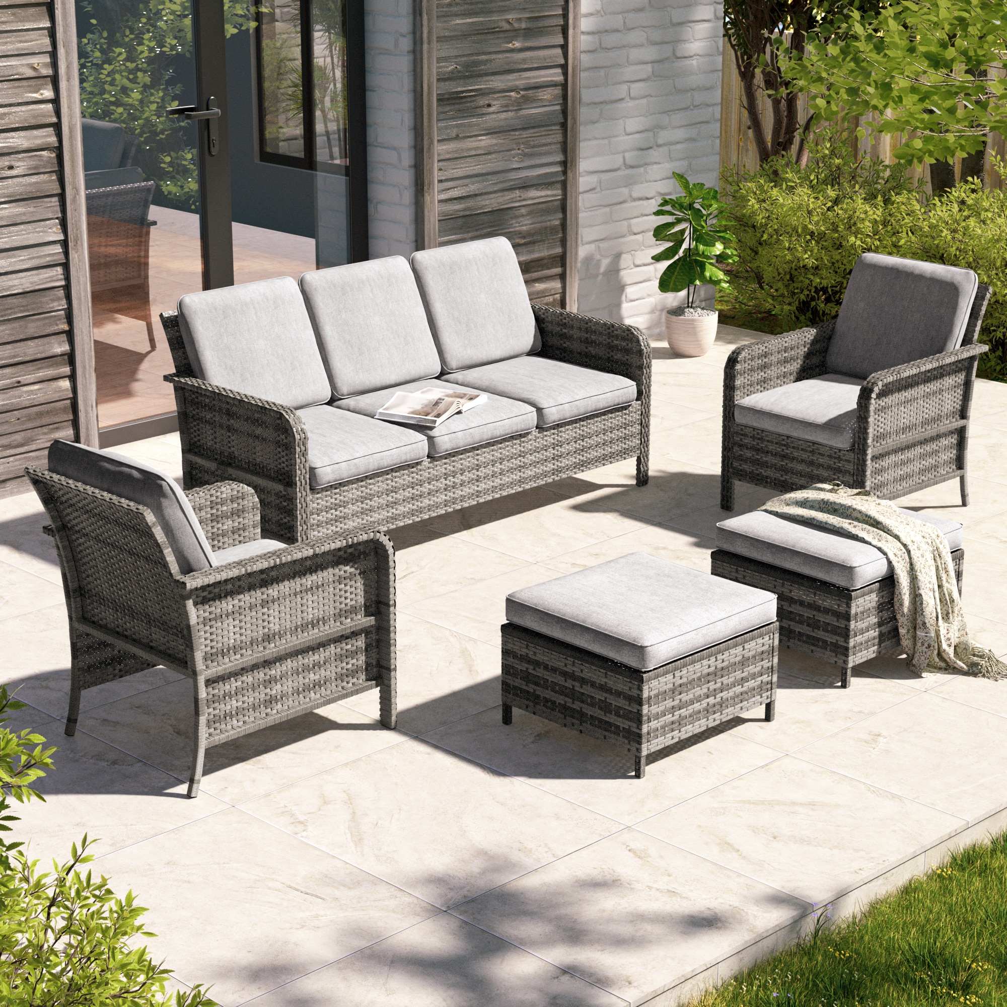 Sonkuki SD-PS-155HLY Patio Conversation Set 5 -Piece Wicker Patio Sofa Conversation Set with Gray Cushions
