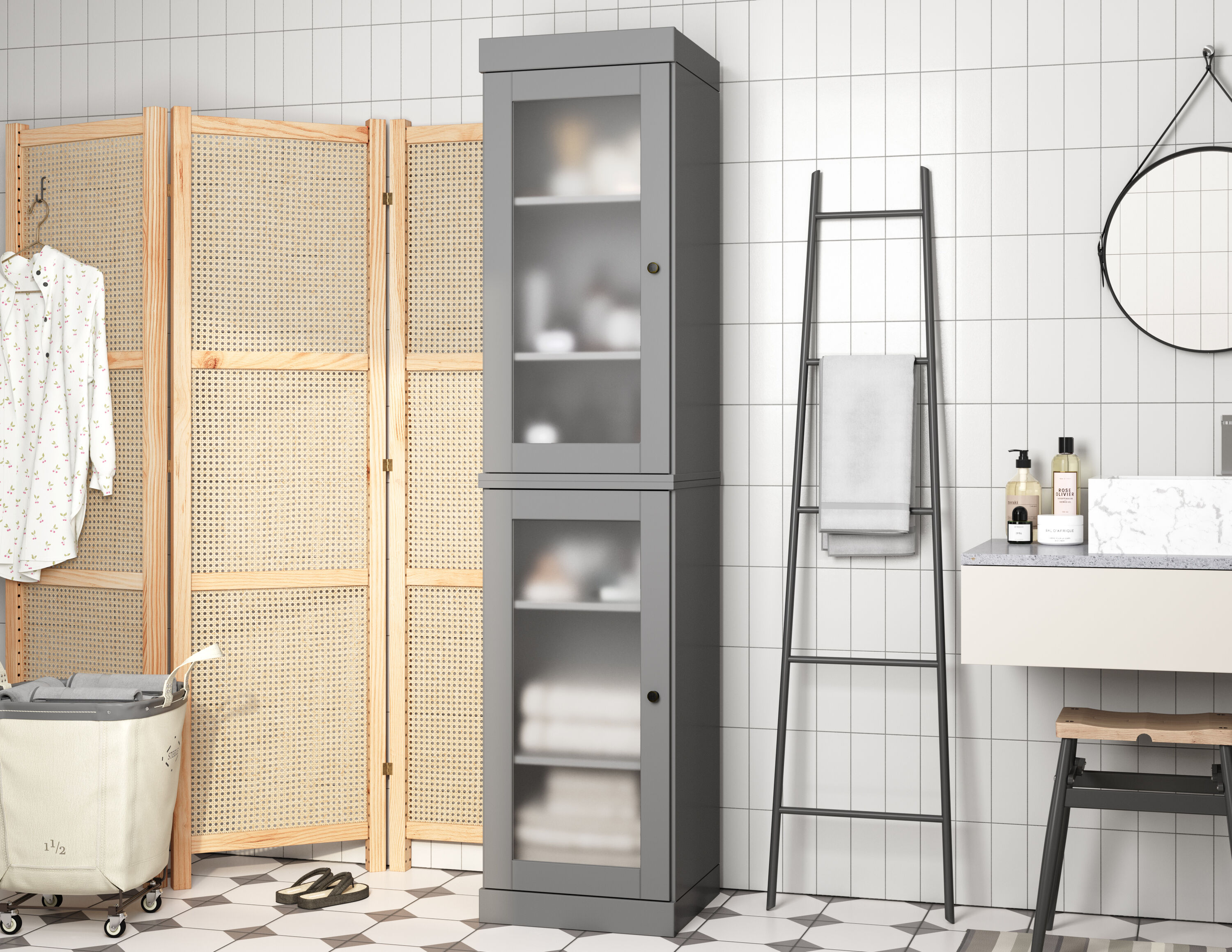 Palace Imports Solid Wood Tall Modular Narrow Frosted Glass Bathroom Linen Laundry Room Storage Cabinet