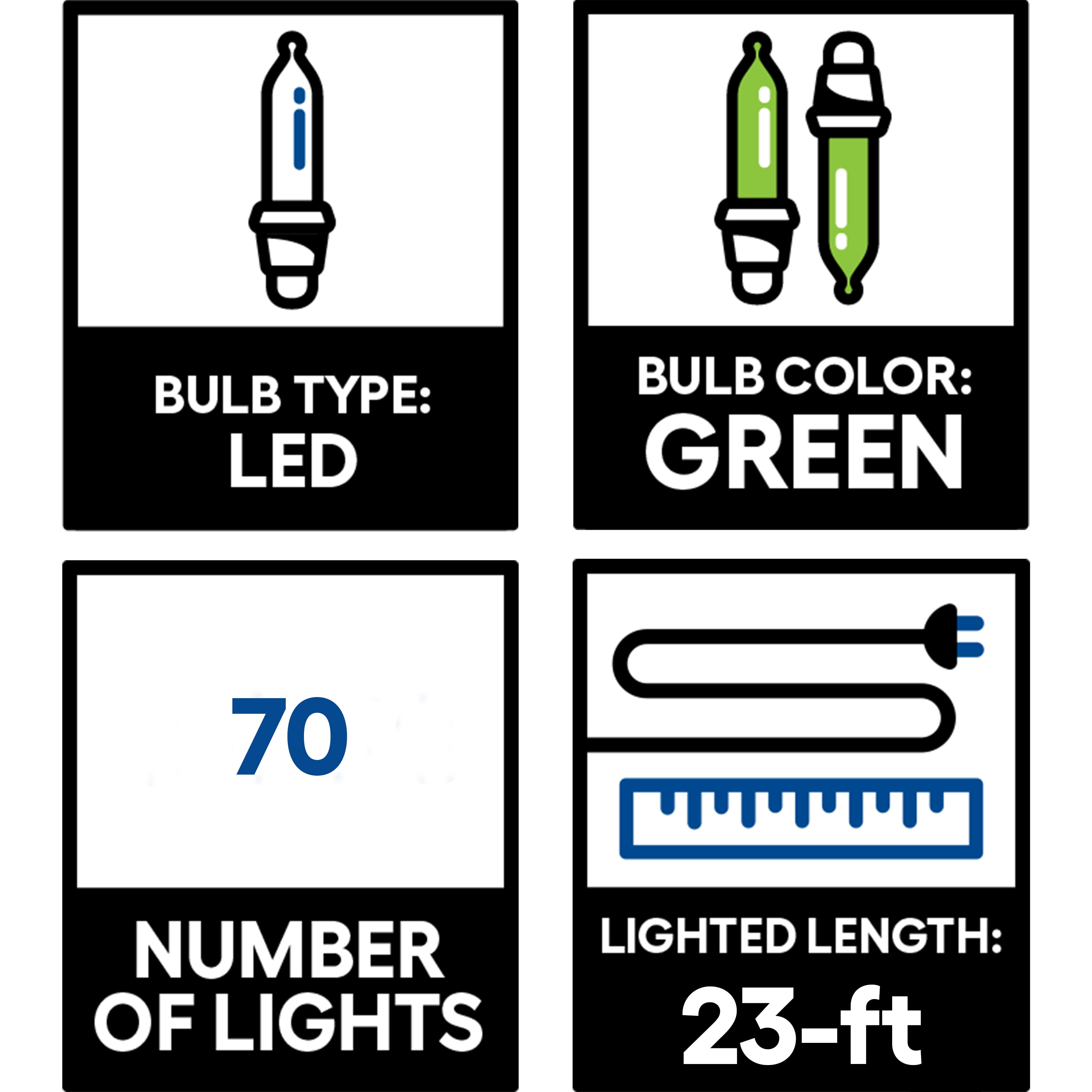 Green LED Electric Outdoor Christmas String Lights, 23 ft