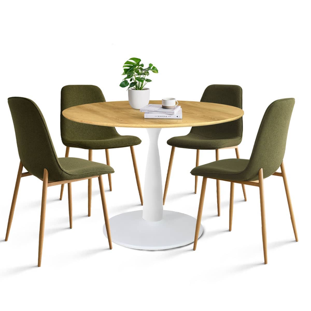 Maison Boucle HARRION+OSLO-GREEN-4 5 Piece Round Dining Table Set for 4 Small Wood Top Table with Green Upholstered Chairs for Kitchen