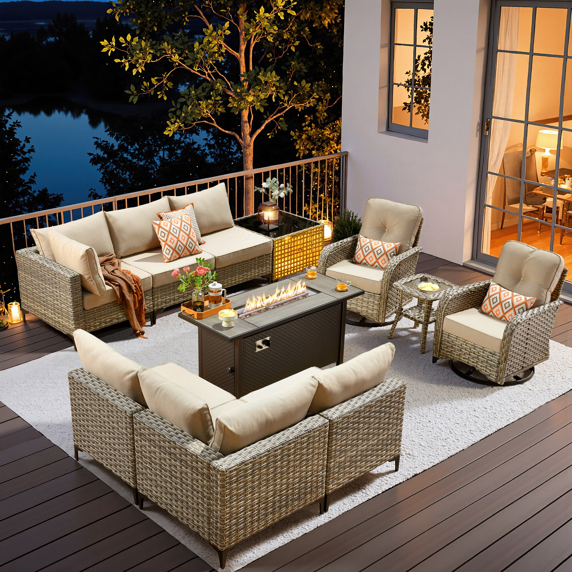 Pouuin SRFPYZSKT60 Wicker Outdoor Sectional with Beige Cushions and Steel Frame