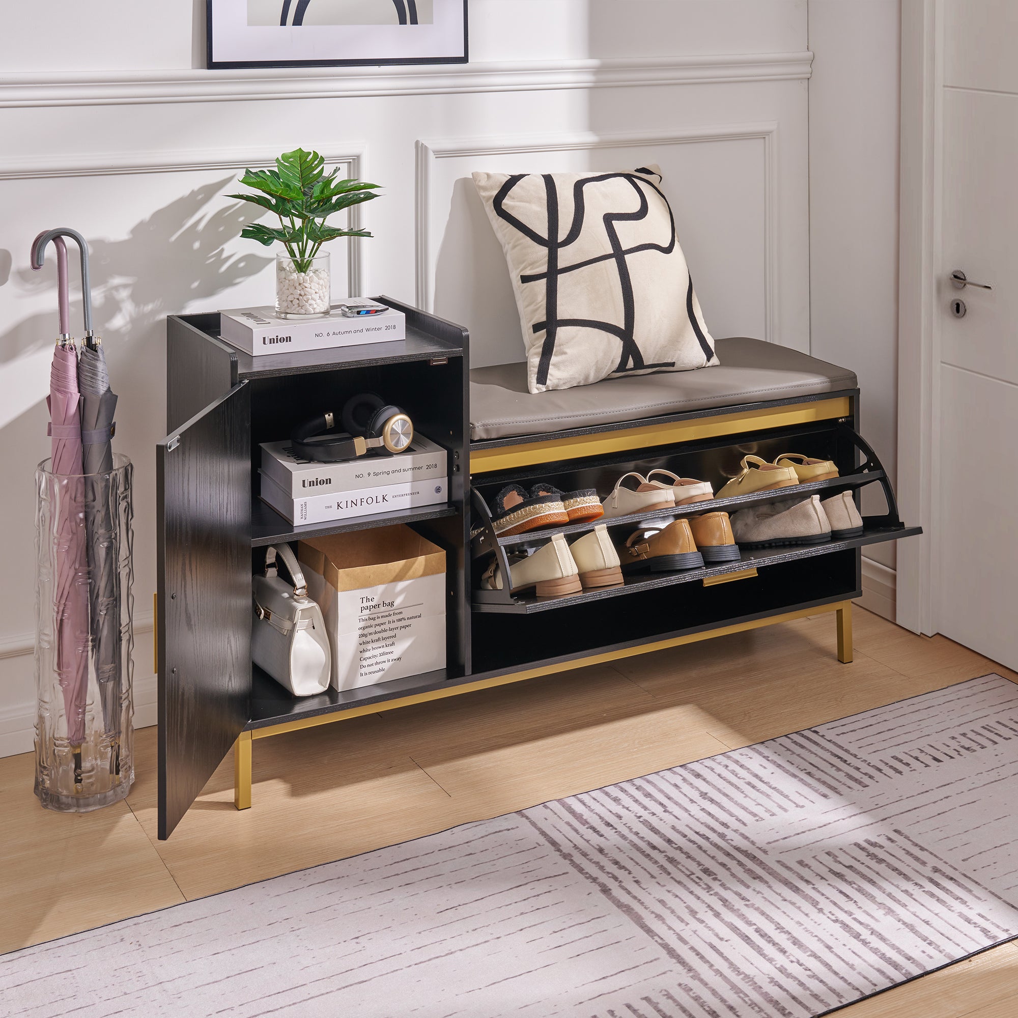 Vecelo LOE-SS07-BLK 8 Pair Shoe Storage Bench L Shaped Entryway Flip Drawer Shoe Cabinet for Hallway