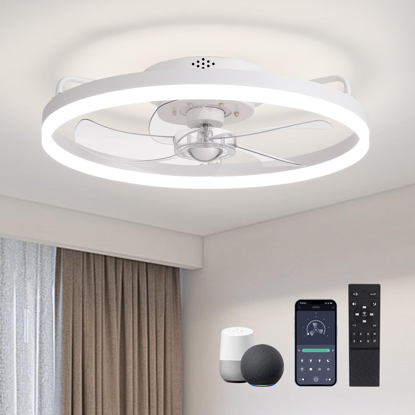 SILJOY LL-6002WH-02 Flush mount Ceiling Fan with Light and Remote Control Include