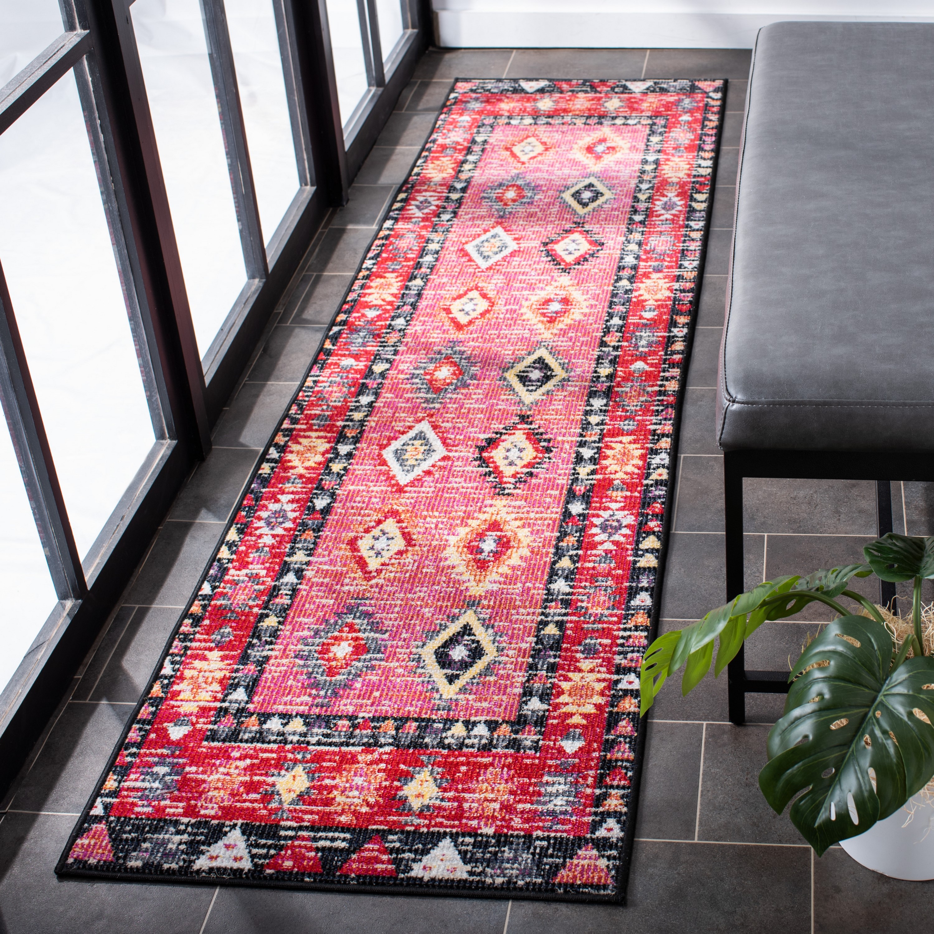 Safavieh MTG201U-28 Montage 2 x 8 (ft) Loomed Polypropylene Pink/Black Rectangular Indoor/Outdoor Distressed/Overdyed Southwestern Runner rug