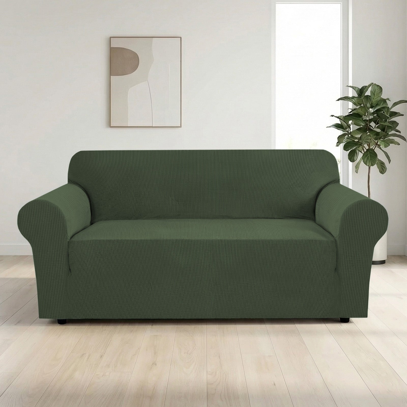 H.Versailtex  Stretch Jacquard Loveseat Slipcover Bronze Green Elastic Hem FormFit