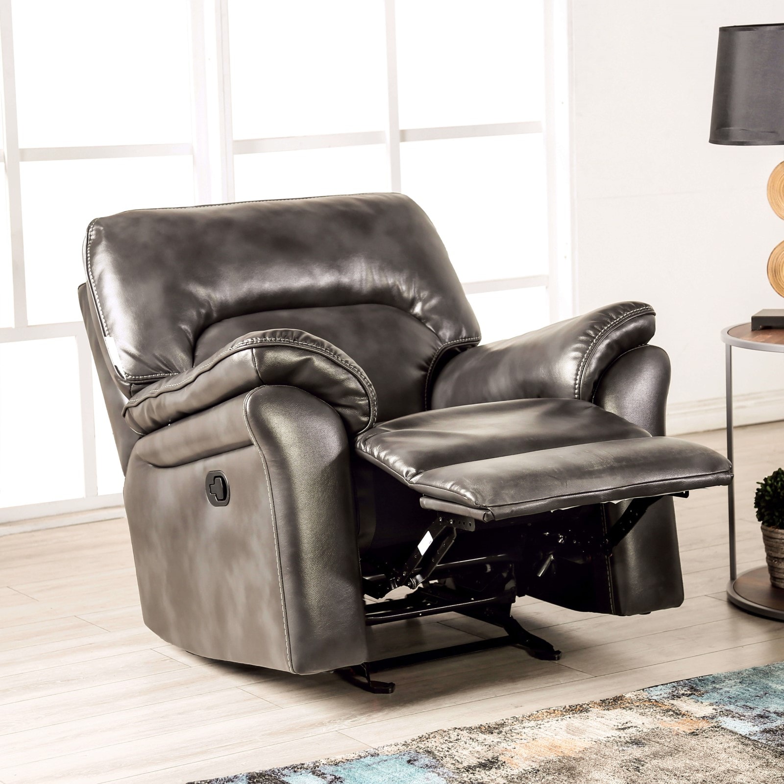 LUXEYARD Dark Gray Finish Stand Alone Glider Recliner Transitional Style Pillow Arms Welt Trim Primary Living space