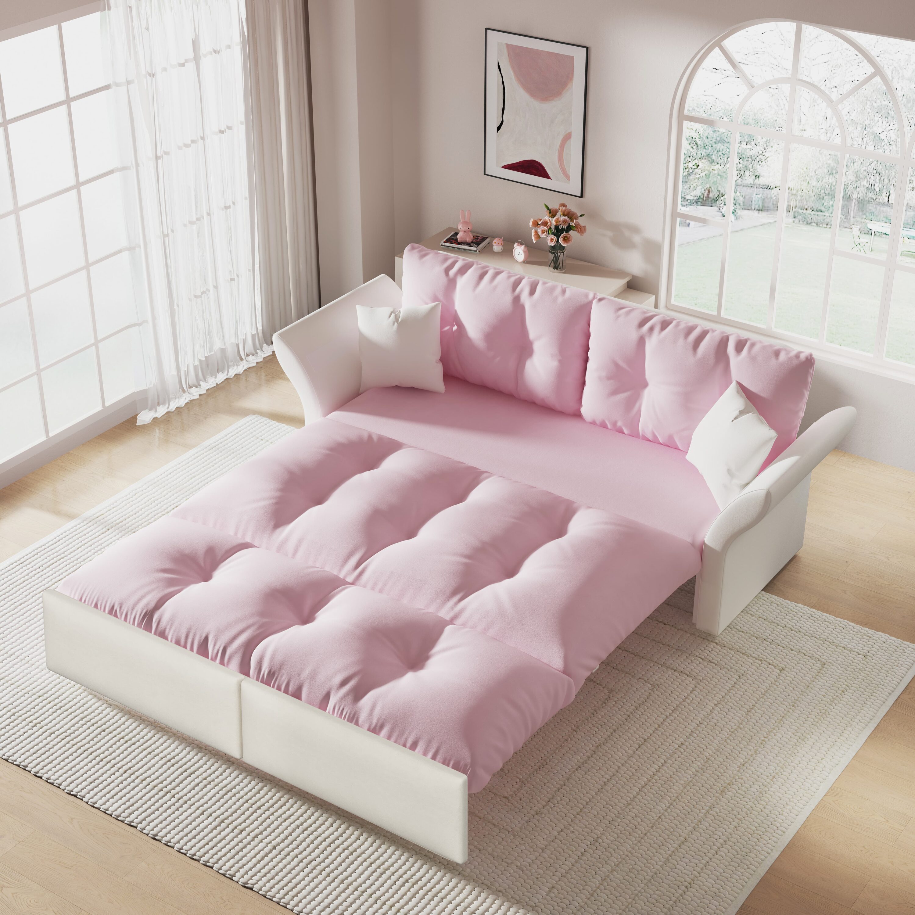 LOVMOR SF-M-W1885S00131 74.8inch Queen Pull Out Sofa Bed 3 in 1 Convertible Sleeper Tufted Sofa with 2 Soft Pillows Multi Functional Velvet Loveseat Bed Pink