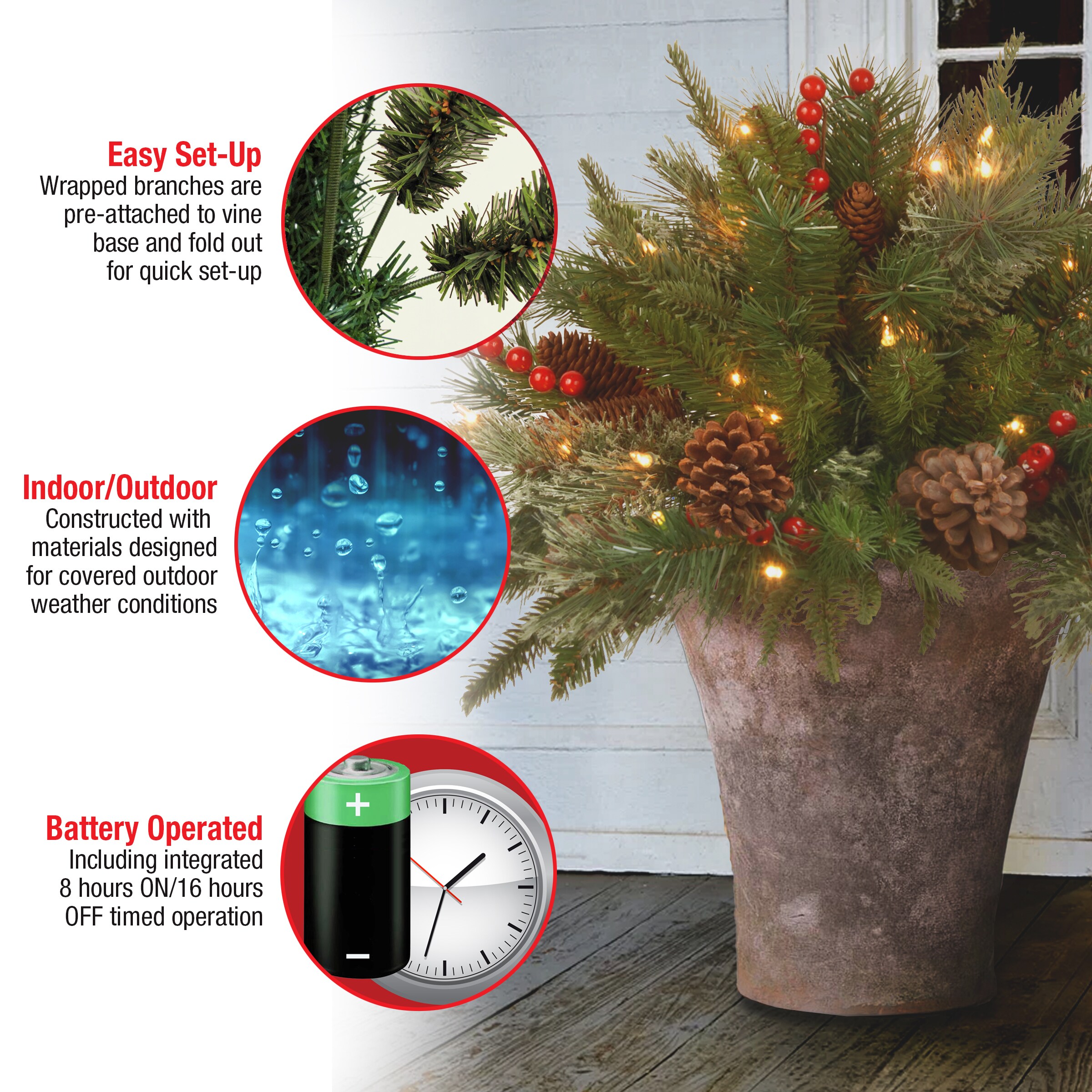 Red Berries Tripod Stake and 35 Warm White Battery Operated LED Lights with Timer FRB-300-18U-B National Tree 18 Inch Frosted Berry Urn Filler with Cones 