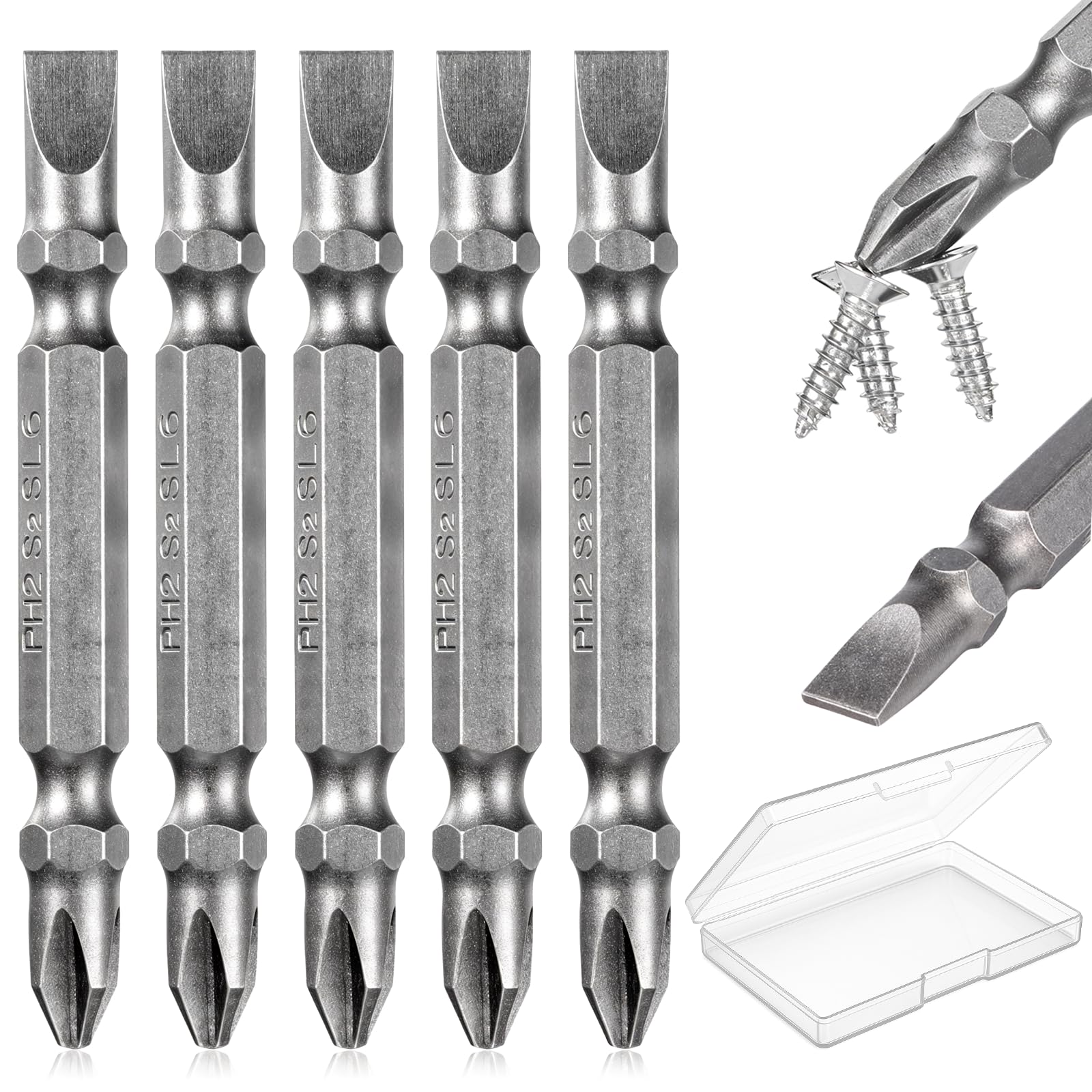 KHKFY  5PCS Impact Double End Screwdriver Bit PH2 SL6 Phillips and Slotted Flathead Double Ended Screwdriver Bits Magnetic S2 Alloy Steel with
