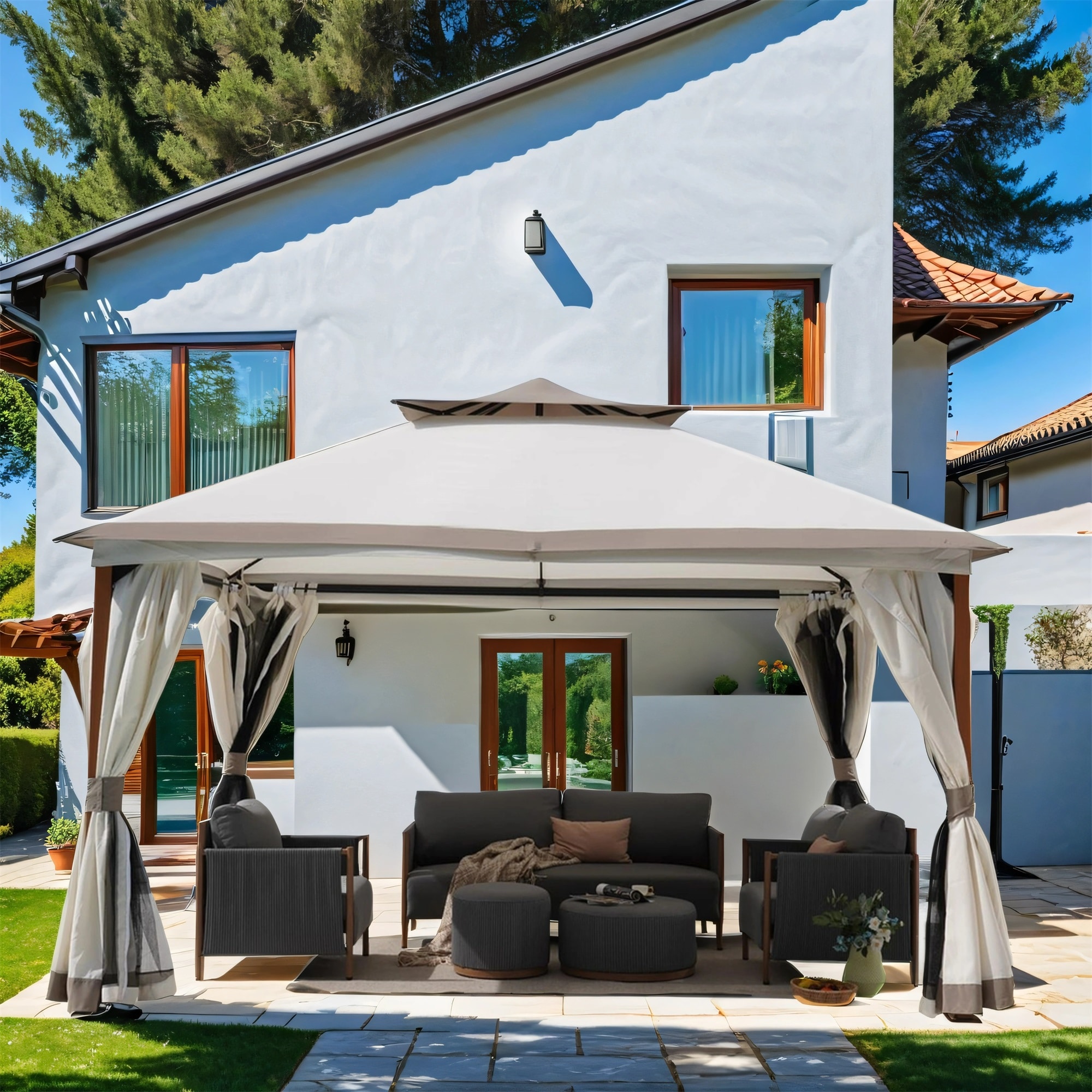 Mondawe MO8440231000001 13-ft x 10-ft Beige Gazebo with Soft Top Roof (Screen Included)