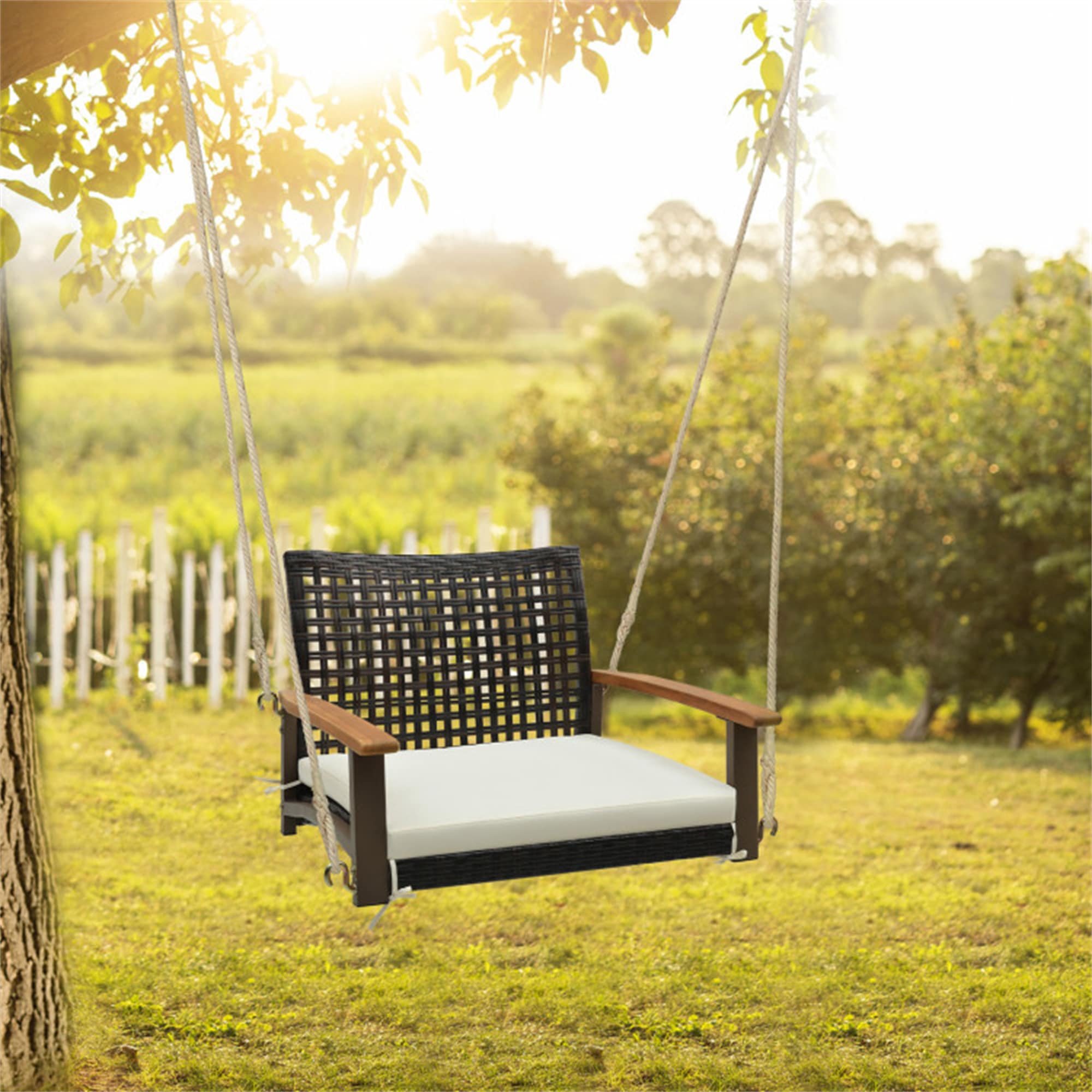 BABOOM BOM-71607WH-CO Single Rattan Porch Swing 1 -person Mix Brown Steel Outdoor Swing
