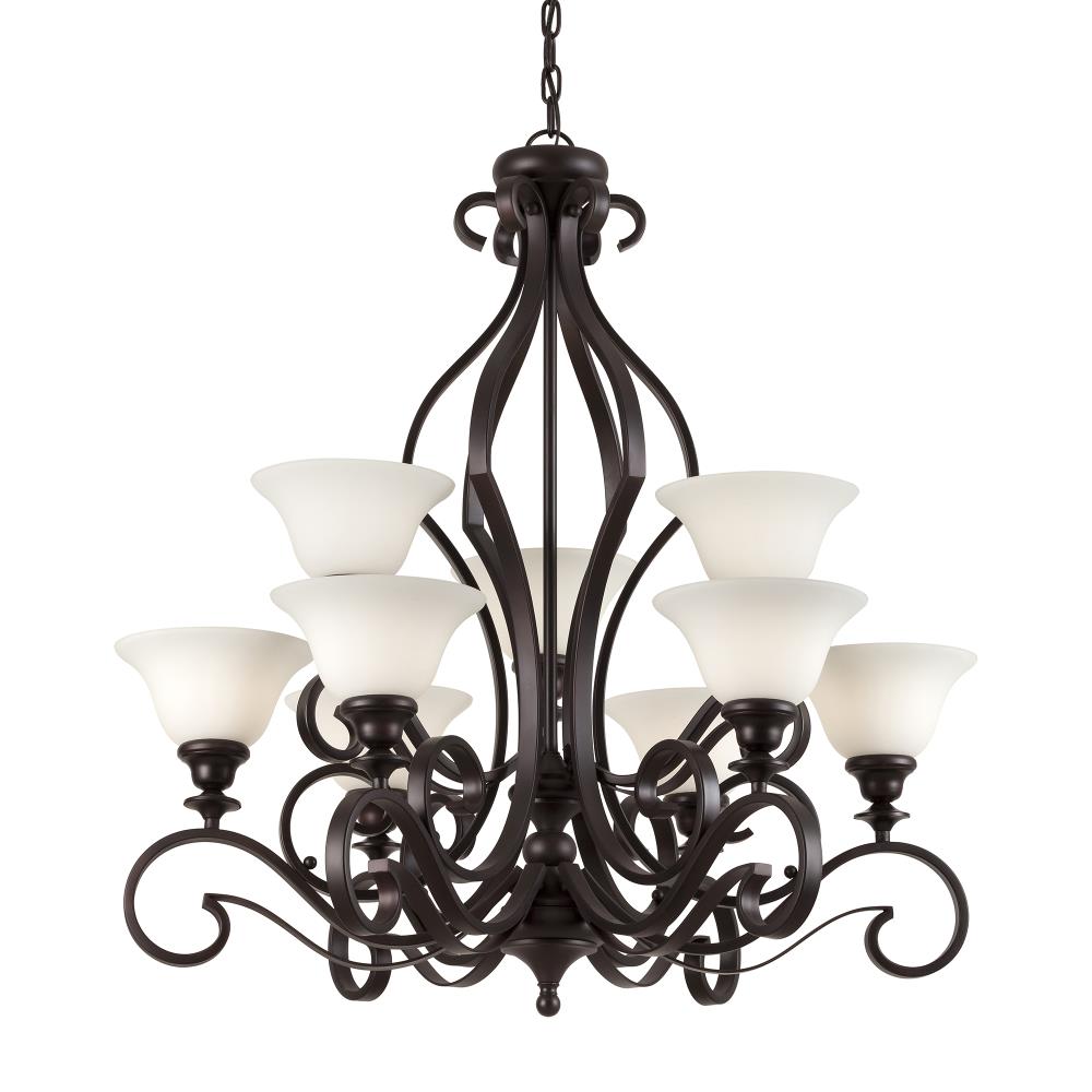 Perry Antique Bronze Iron 9-Light Chandelier with White Glass Shades