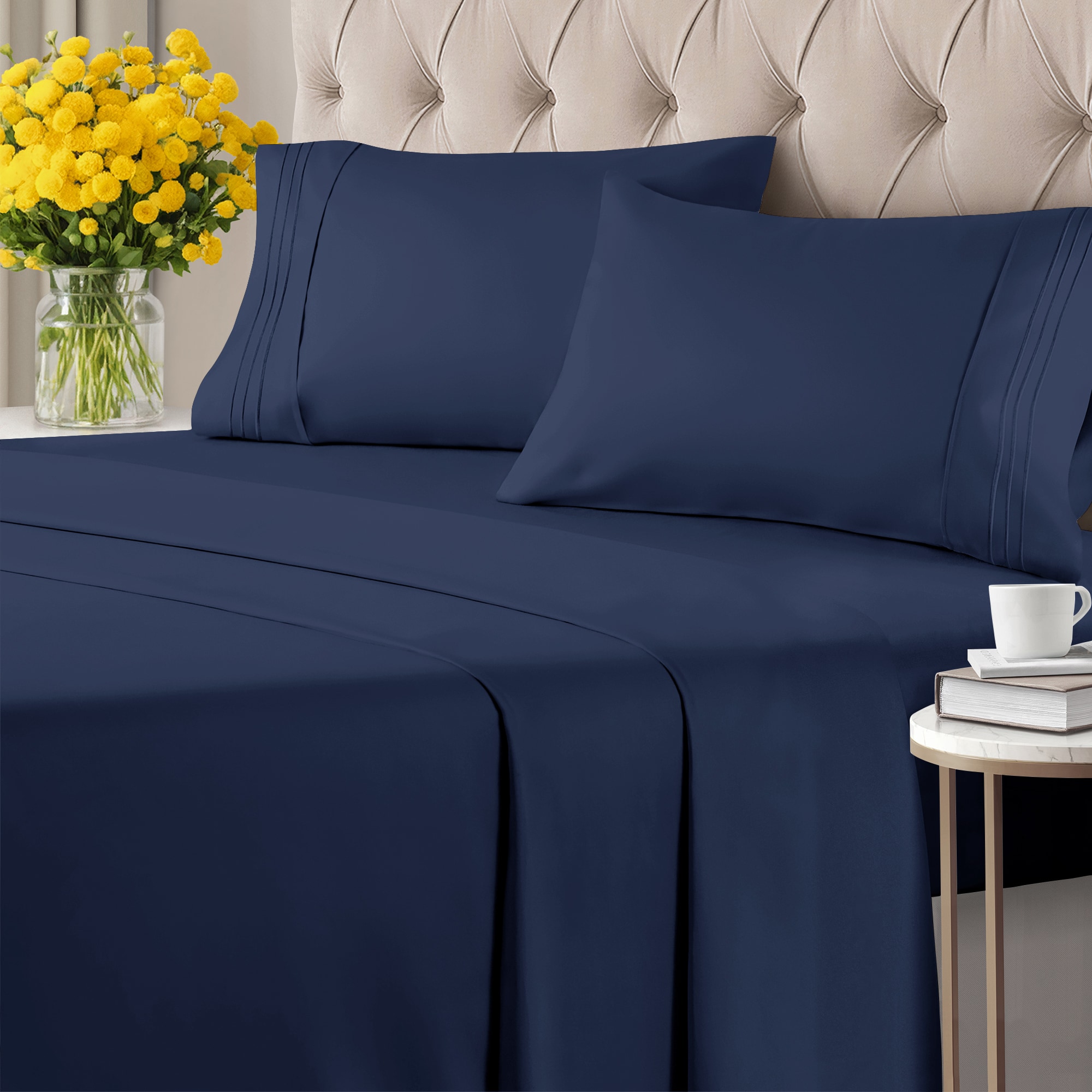 CGK Linens - Twin Extra Long Navy Blue Deep Pocket 4-Piece Bed Sheet Set