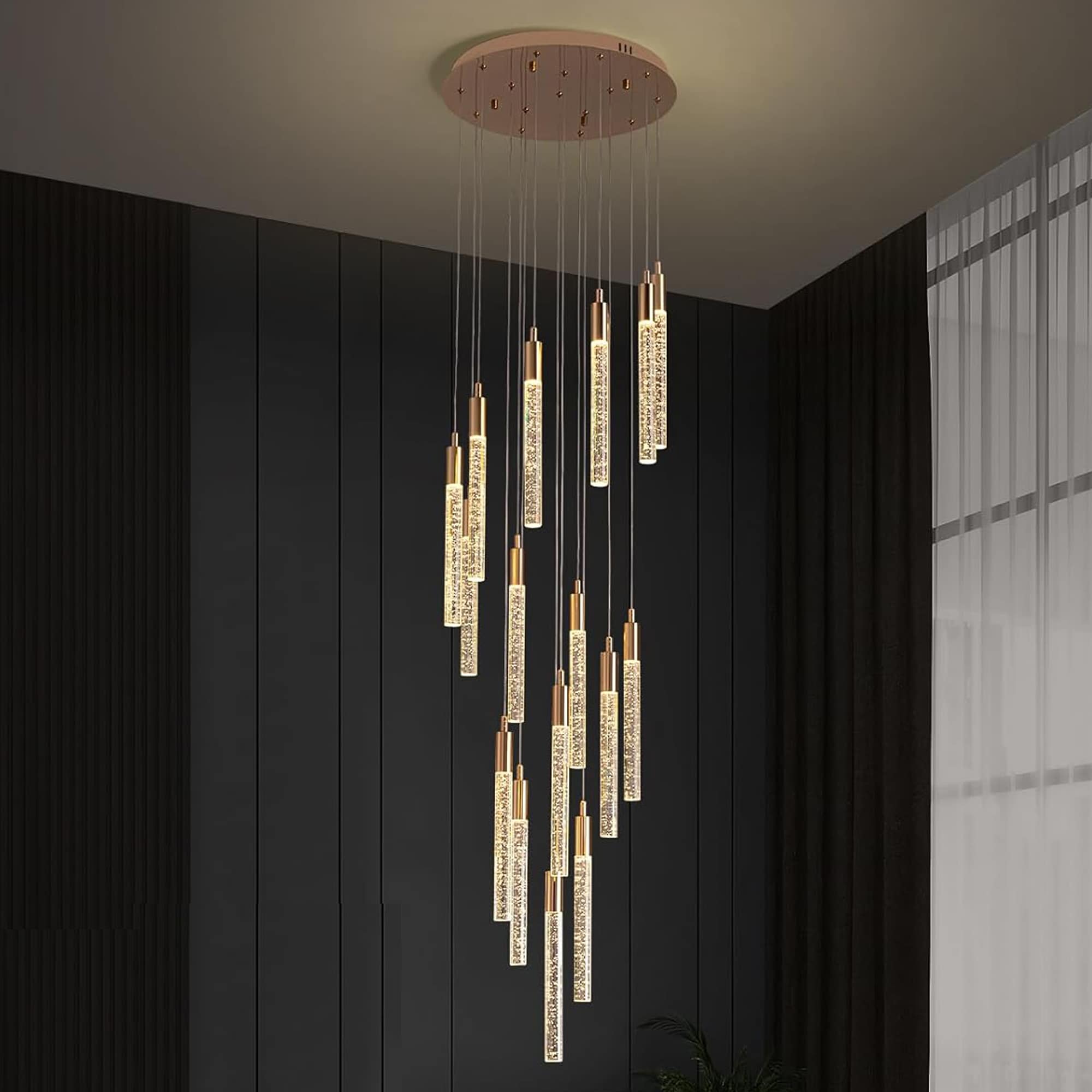 Antoine DCL045 Foyer Staircase Tiered 16 -Light Polished Black Modern/contemporary Integrated LED Crystal For Use in Bedrooms, Dining Rooms, Foyers, Kitchens, Living Rooms Chandelier