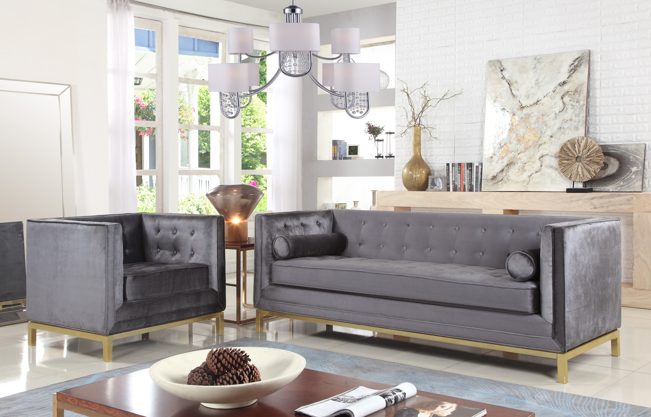 Chic Home Design Dafna 85.5-in Modern Grey Velvet 3-seater Sofa at ...