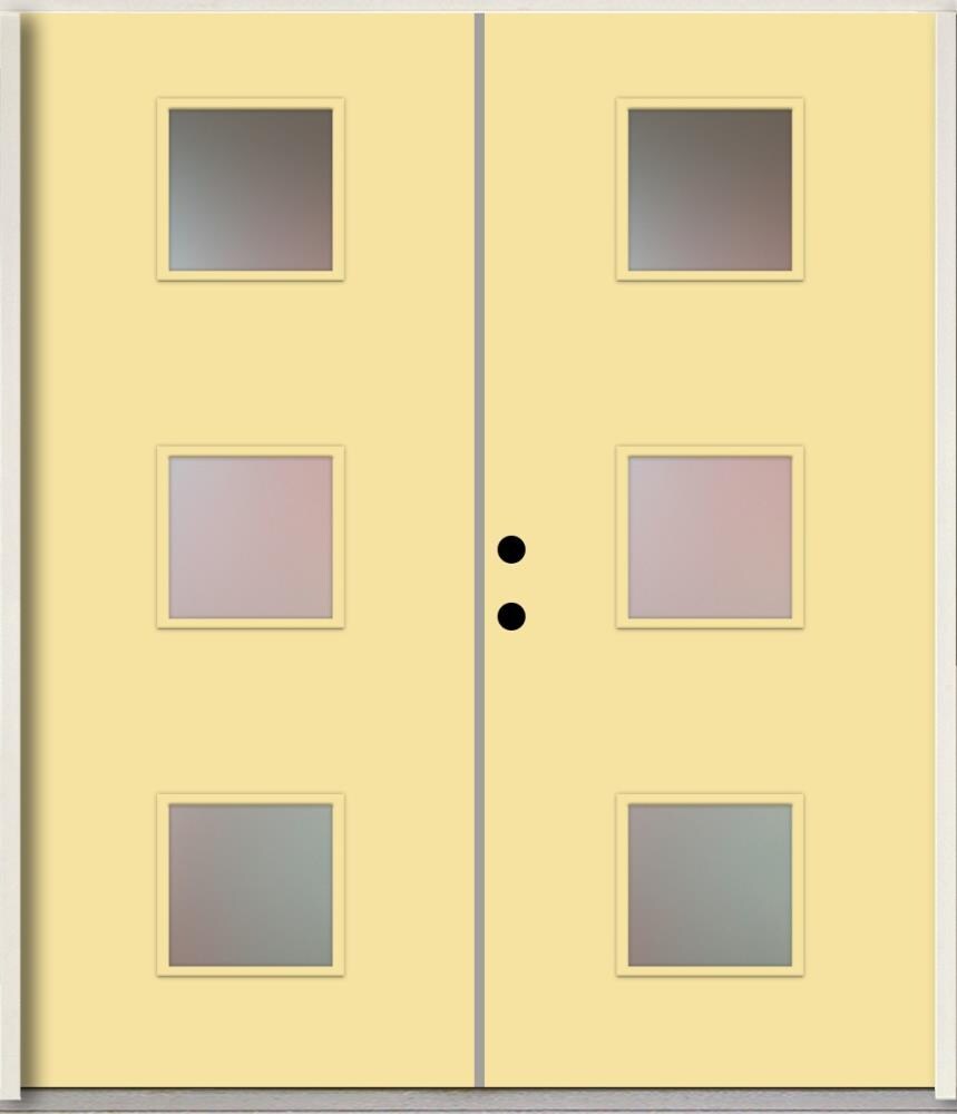 RELIABILT LO1066710 Spotlights 72-in x 80-in x Fiberglass 1/4 lite Right-hand inswing Cabana Yellow Paint Painted Prehung Double Front Door Insulating core
