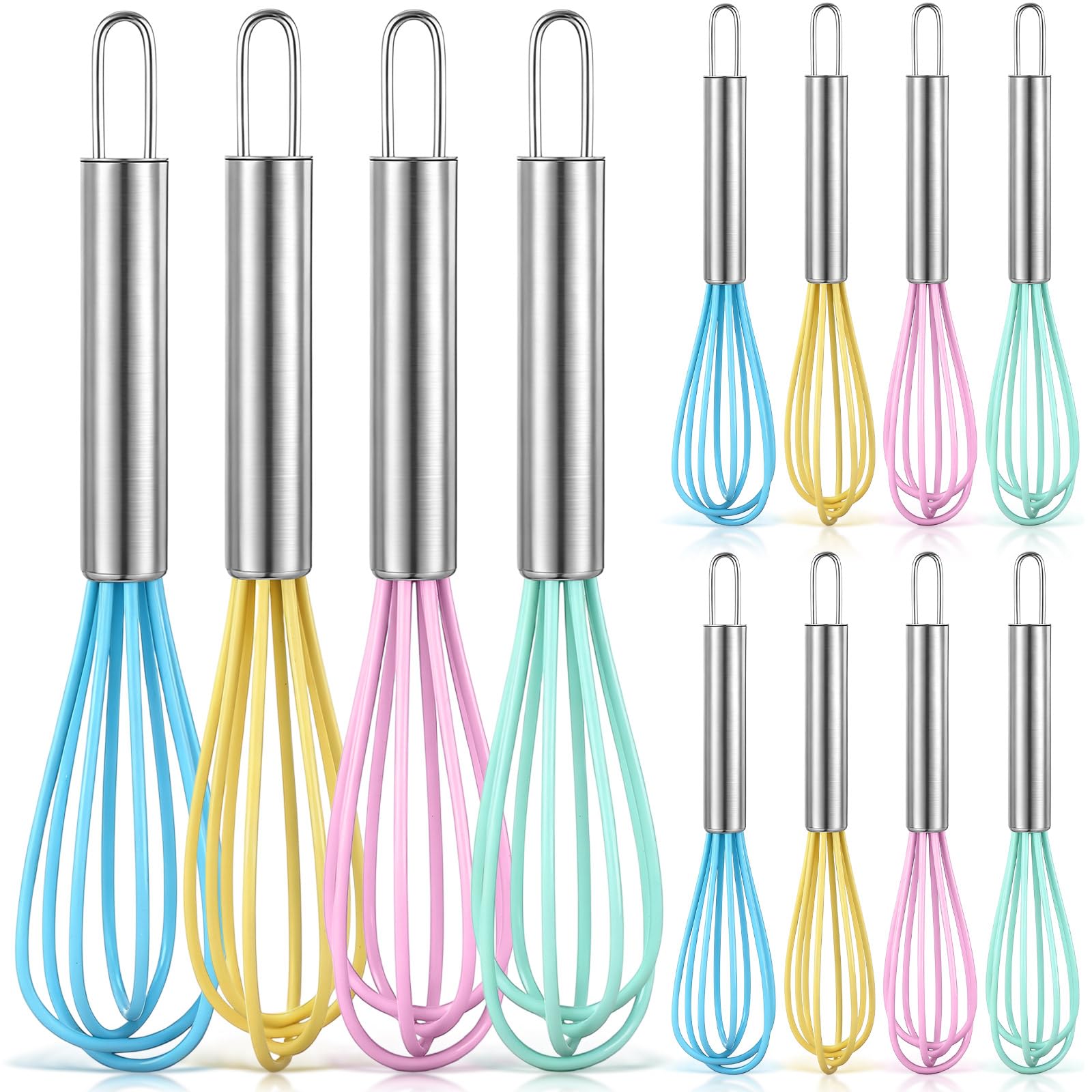 Aoibox  12 Pack 6 in Mini Silicone Balloon Whisks in 4 Macaron Colors with Stainless Handles and Hanging Hooks