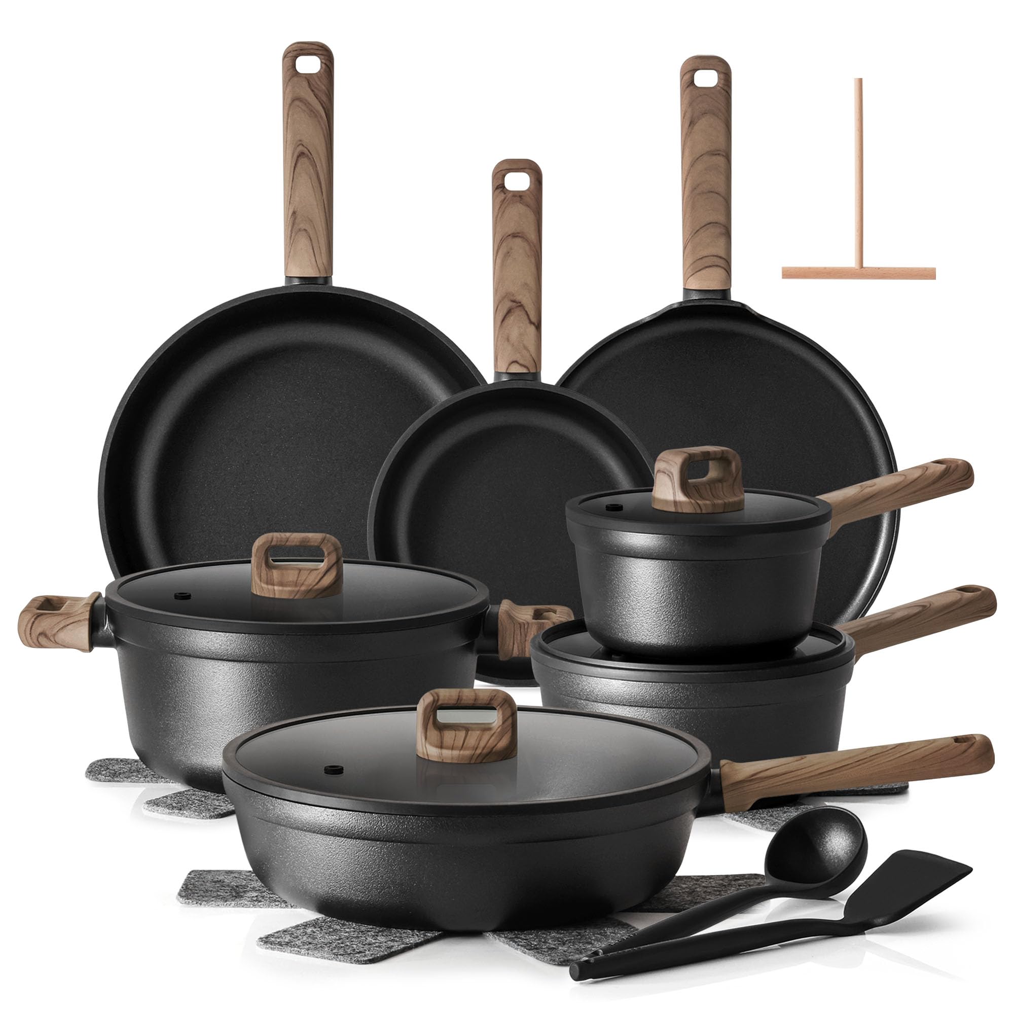 Vrbgify  Black Titanium Nonstick Pots and Pans Set Healthy Kitchen Cookware Compatible with All Stovetops Dishwasher Safe