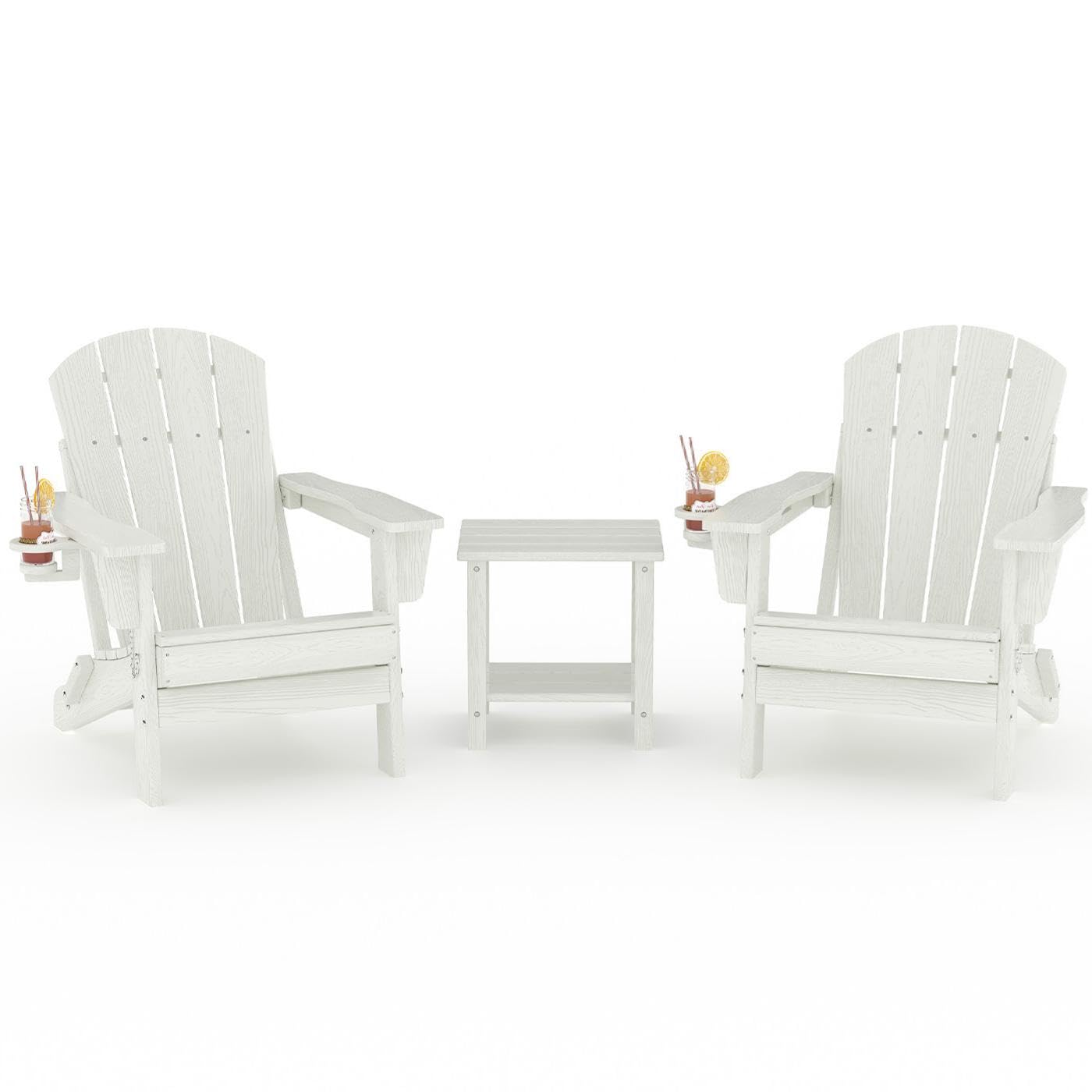 DEXSO HDPE Folding Adirondack Chair Set of 2 with Side Table White All Weather Outdoor Patio Chair with Cup Holder #JANE-K4J7R1N