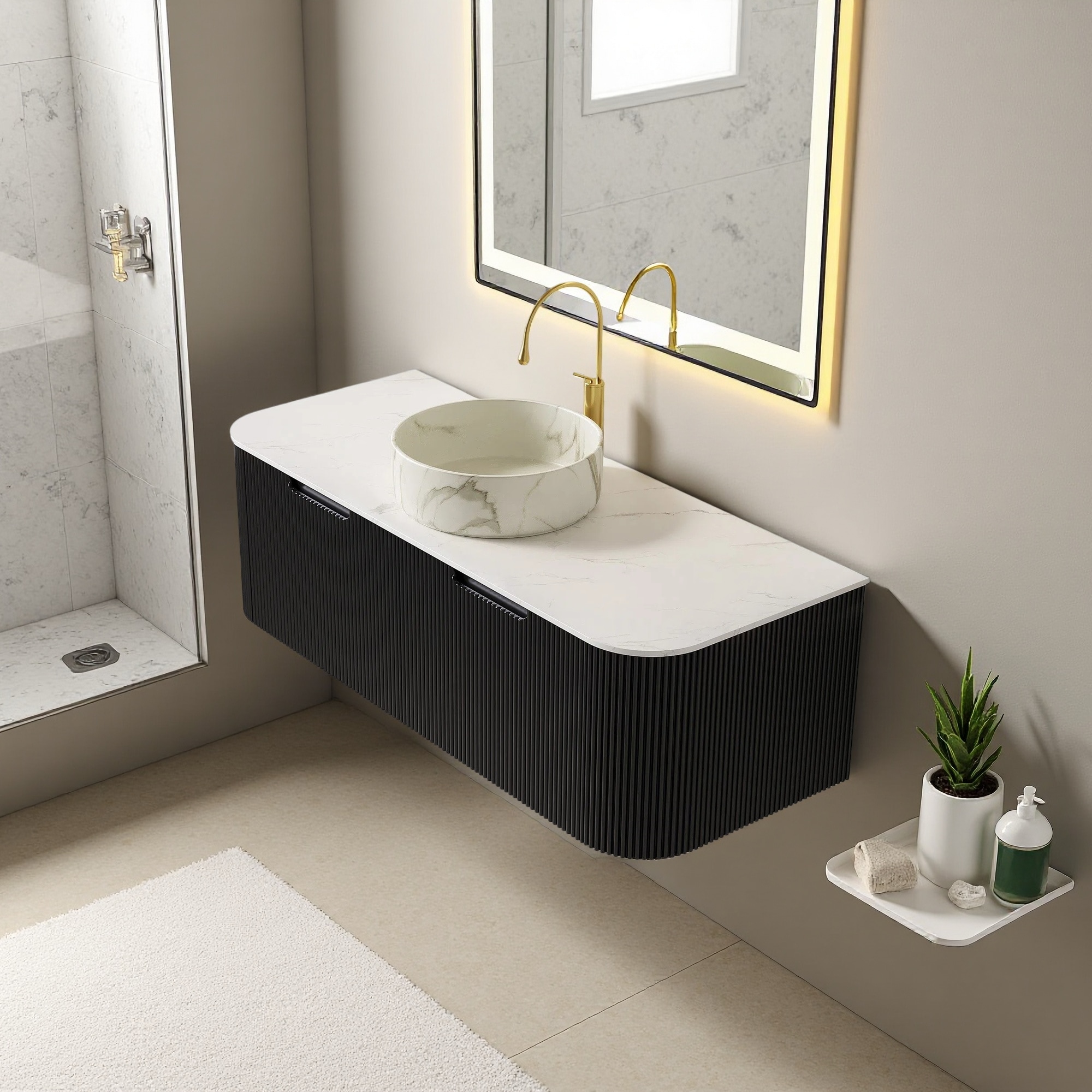 Cuschoice  48 in.Single Sink Black Floating Bathroom Vanity Stone Carrara White Ceramic Basin Top 2 Soft-close Drawers
