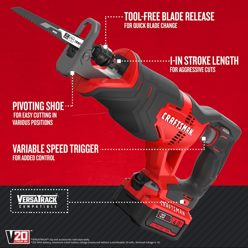CRAFTSMAN V20 20-volt Max Variable Speed Cordless Reciprocating Saw  (Charger Included and Battery Included) in the Reciprocating Saws  department at
