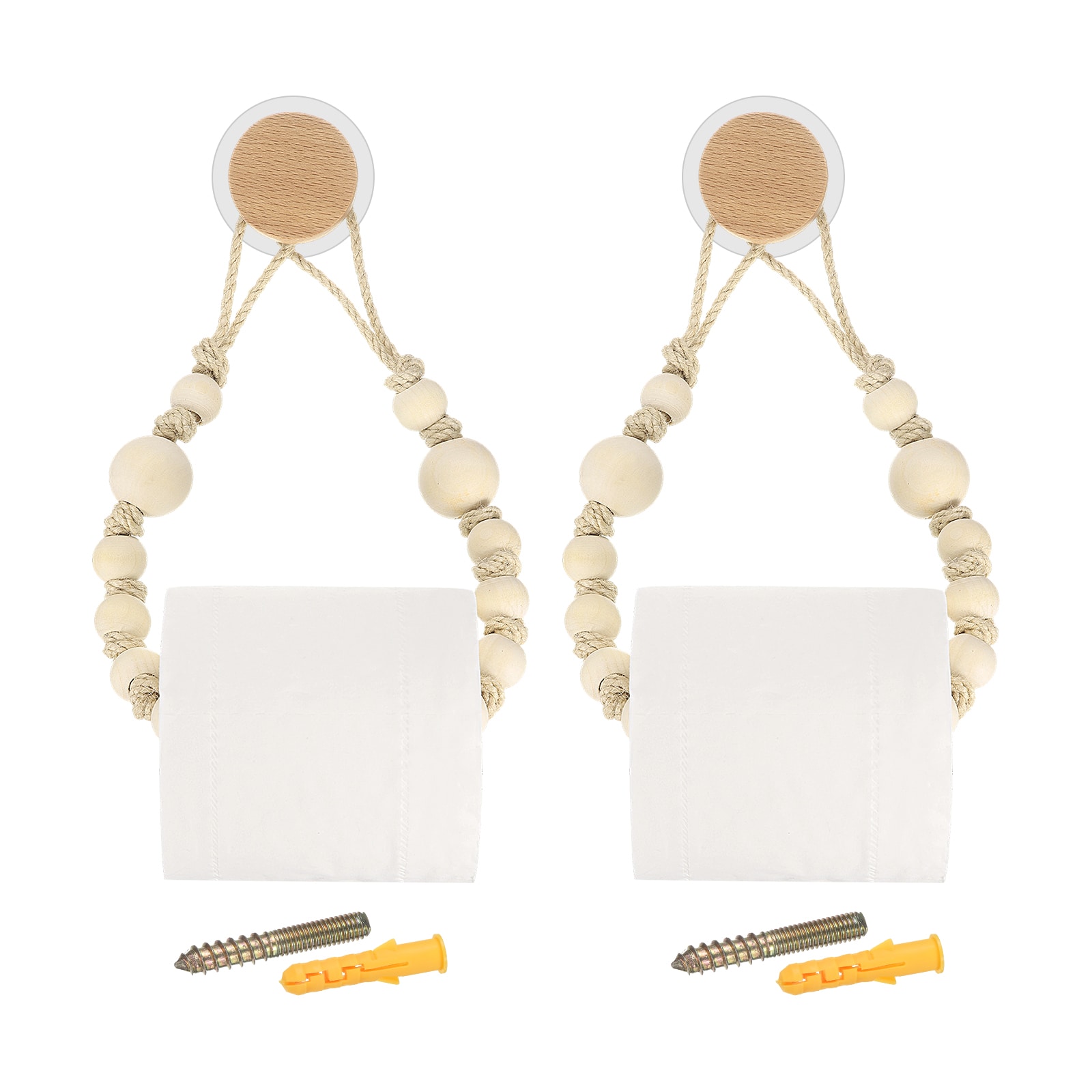 Unique Bargains 2pcs Toilet Paper Holder Wall-Mounted Towel Rack with Metal Hook for Towel Ring Bathroom Decor Round/Wood Color