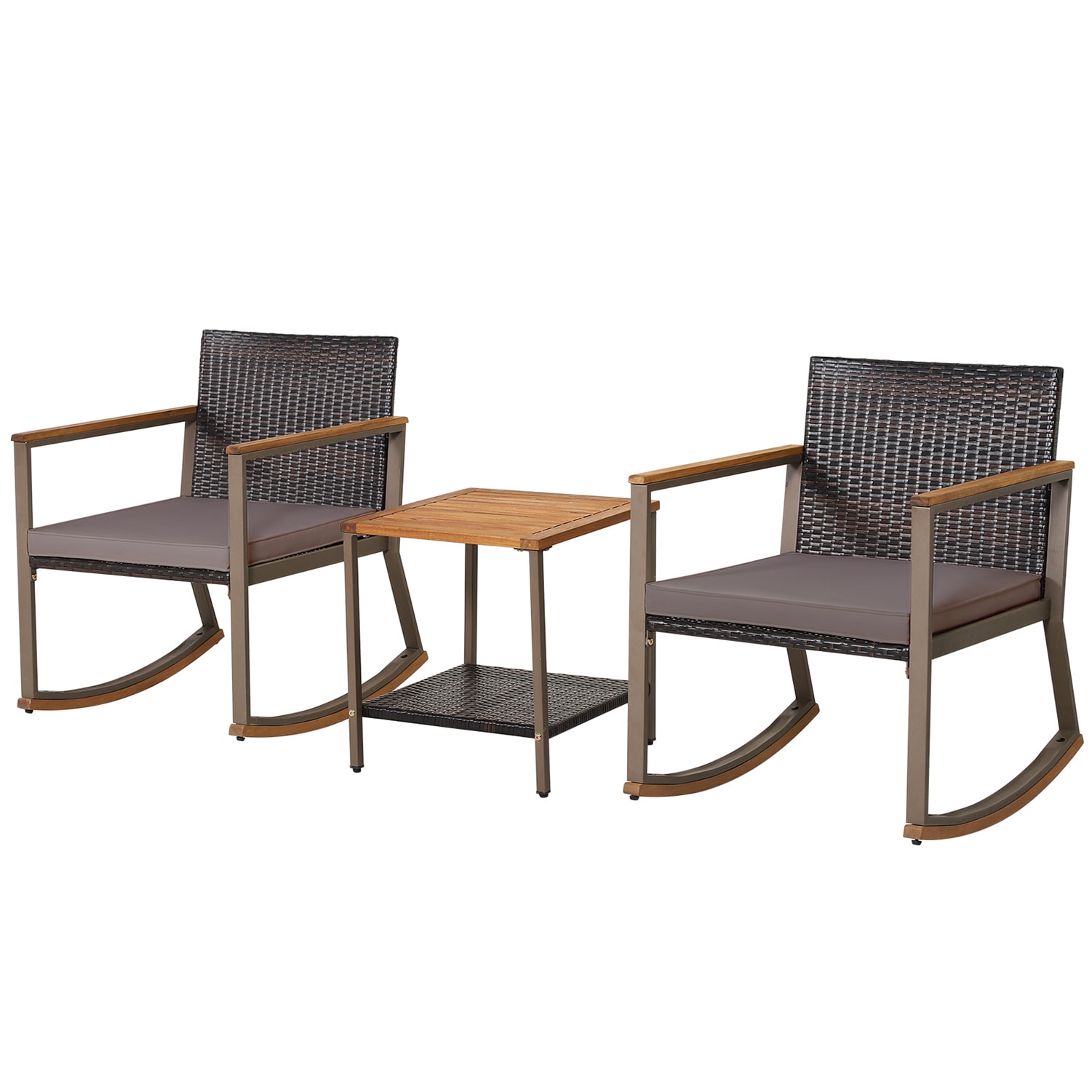 LIVIZA OUJ70901GR 3 -Piece Mix Brown Rattan Bistro Patio Dining Set Wood Square Table with 2 Gray Cushions Rocker Chairs