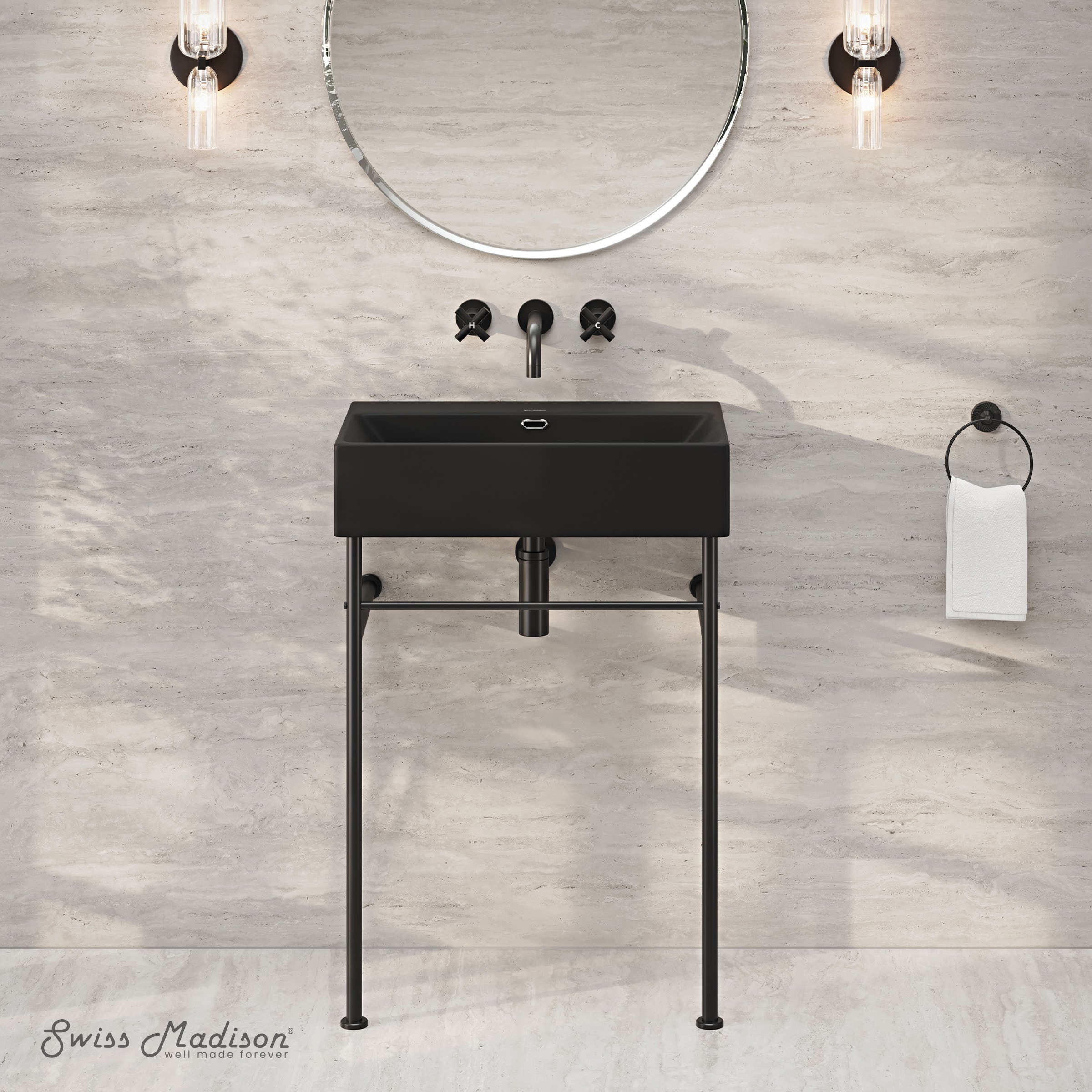 Swiss Madison SM-25-CSREI01MB-0MB Reims Ceramic 24-in Wall-mount Modern Matte Black Console Sink with Base