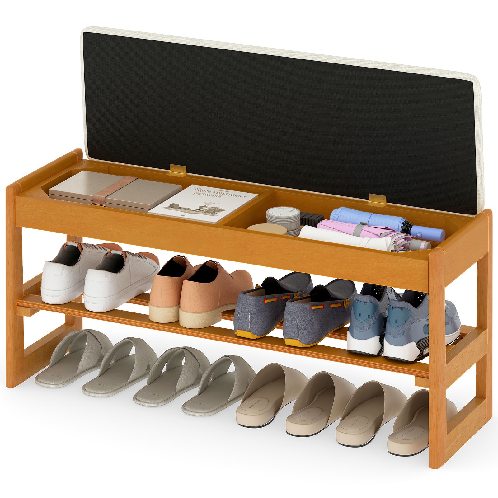 Volenca Shoe Rack Bench with 2-Tier Shelf Flip-Top Hidden Storage and Padded Seat Rubberwood 400-lb Seat