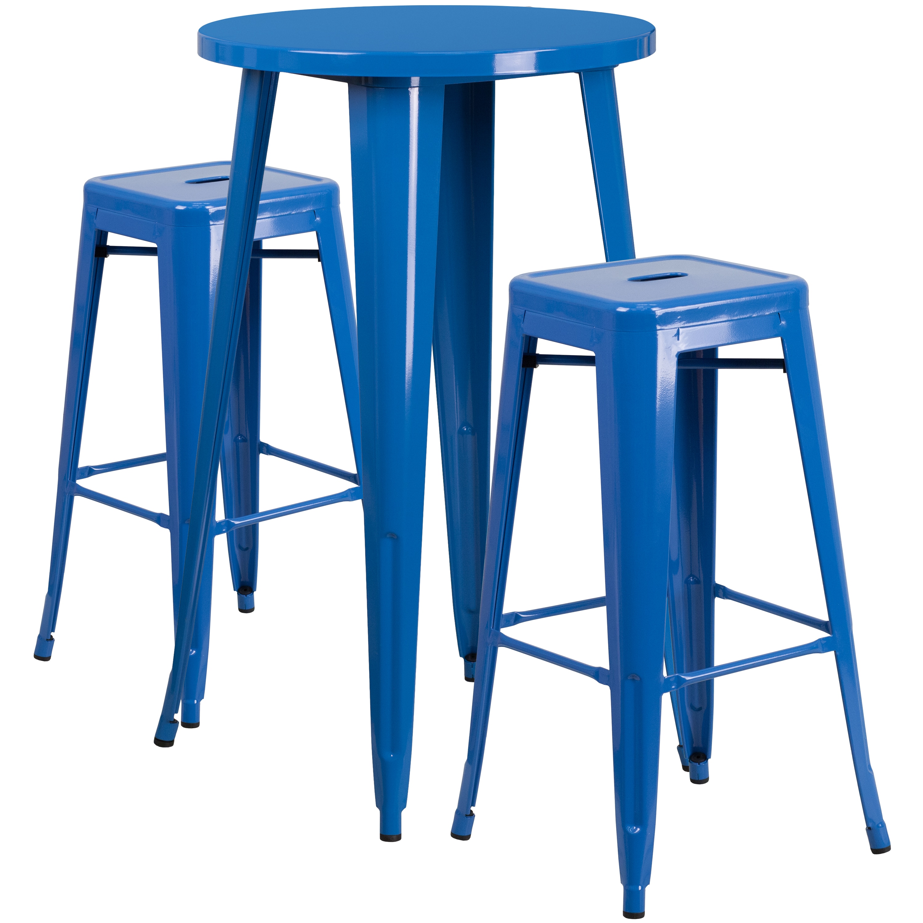 Flash Furniture 889142082859 Douglas Commercial Grade 24-in Round Blue Metal Indoor-Outdoor Bar Table Set with 2 Square Seat Backless Stools