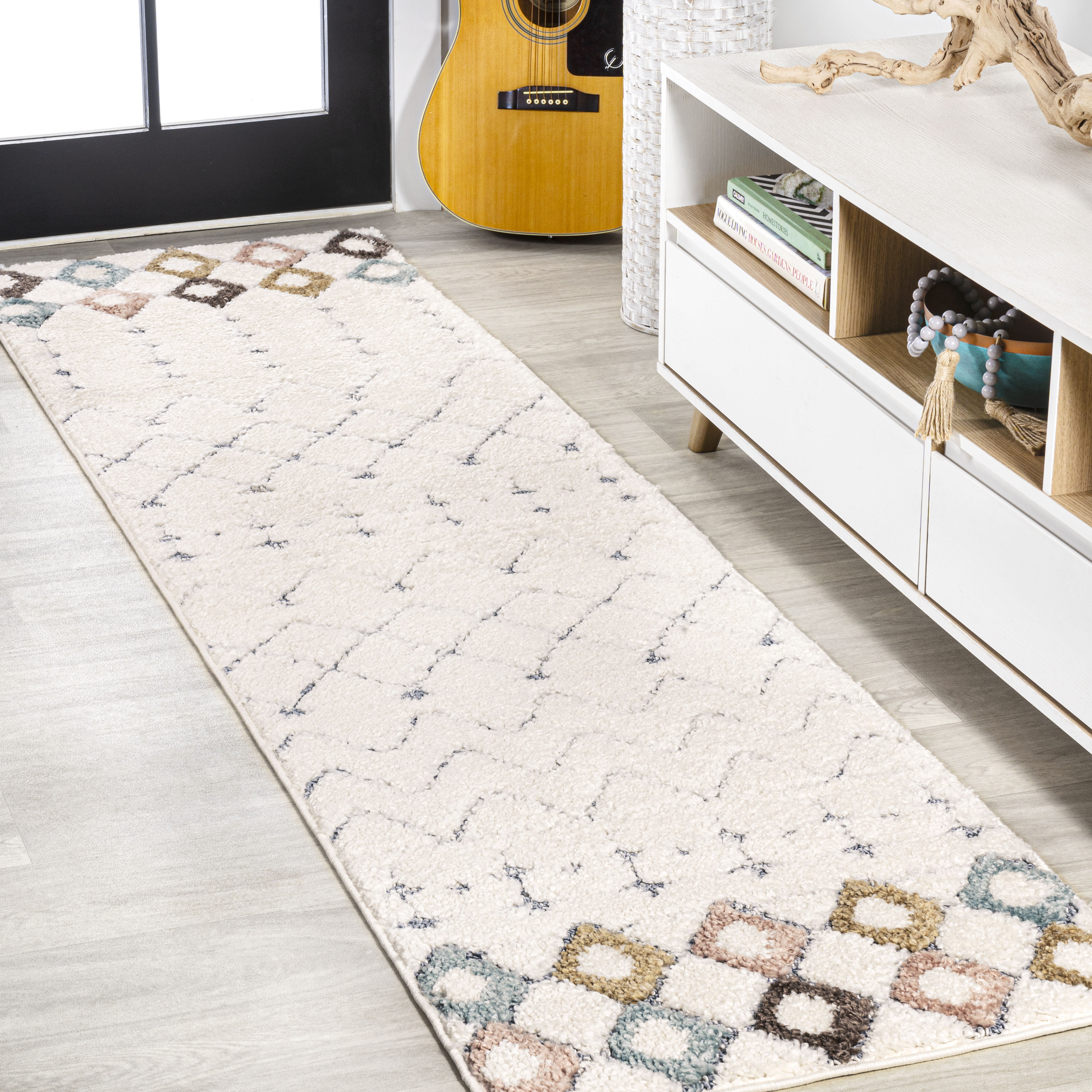 JONATHAN  Y SNT105A-28 Santa Theresa Pia Plush Carved 2 x 8 (ft) Loomed Polypropylene Multi/Cream Rectangular Indoor Trellis Bohemian/Eclectic Runner rug
