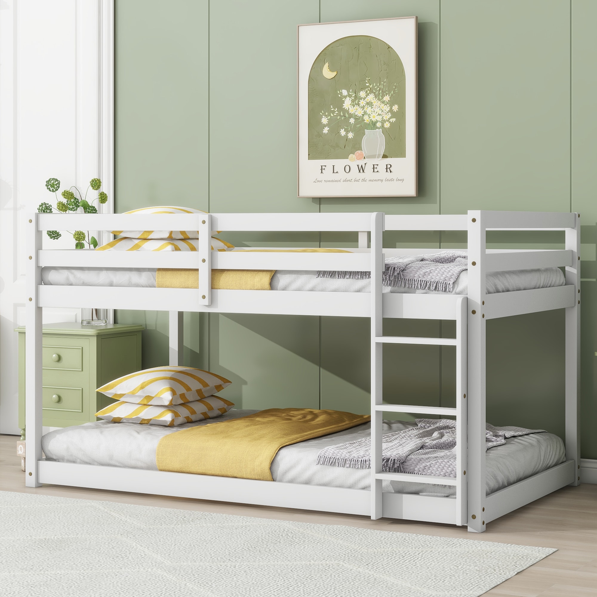 Dimakai White Solid Rubber Wood Twin over Twin Floor Bunk Bed with Ladder and Strengthened Slats
