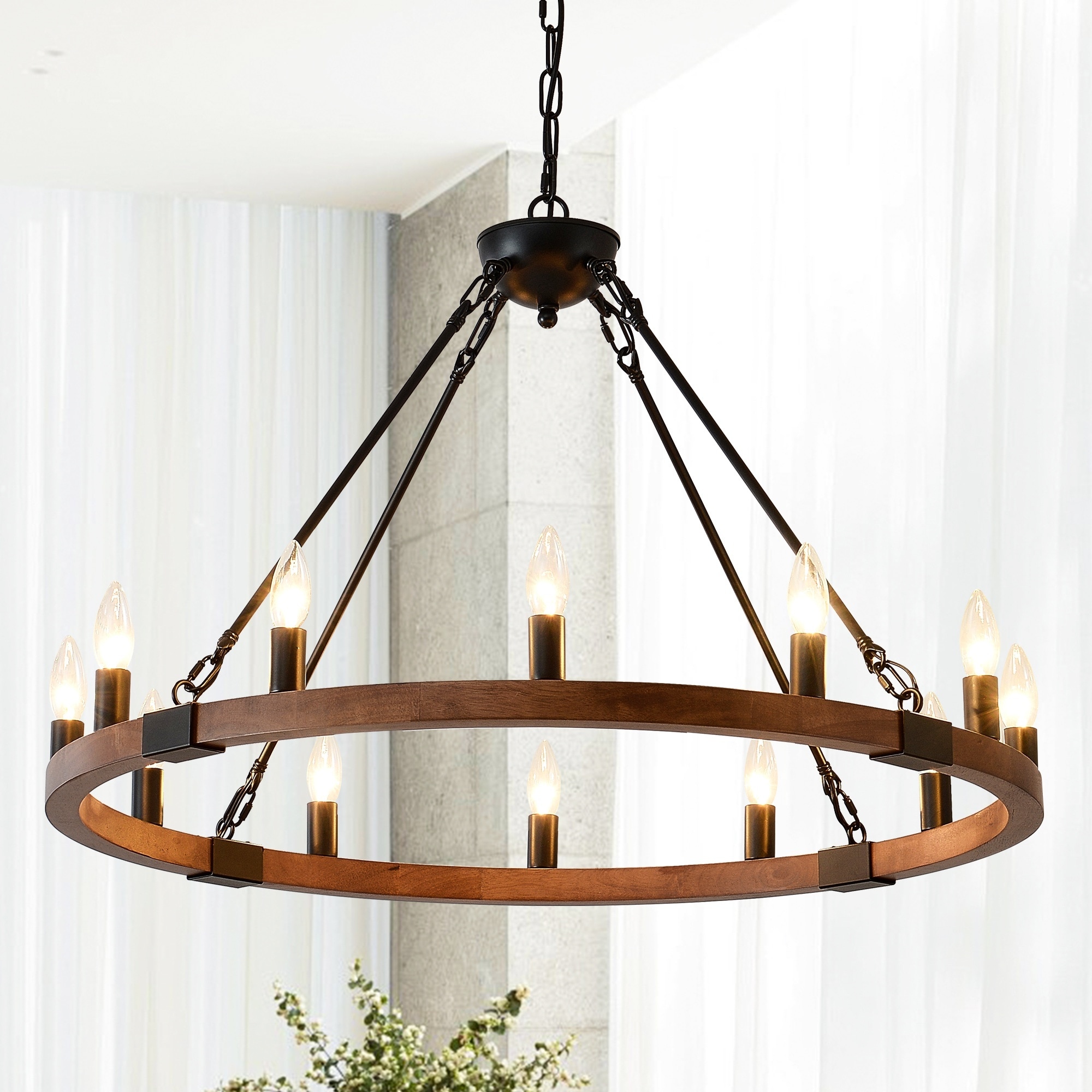 UOI - 32 inch Matte Black and Wood Wagon Wheel Chandelier 12-Light Ceiling Hanging Lighting Fixtu...