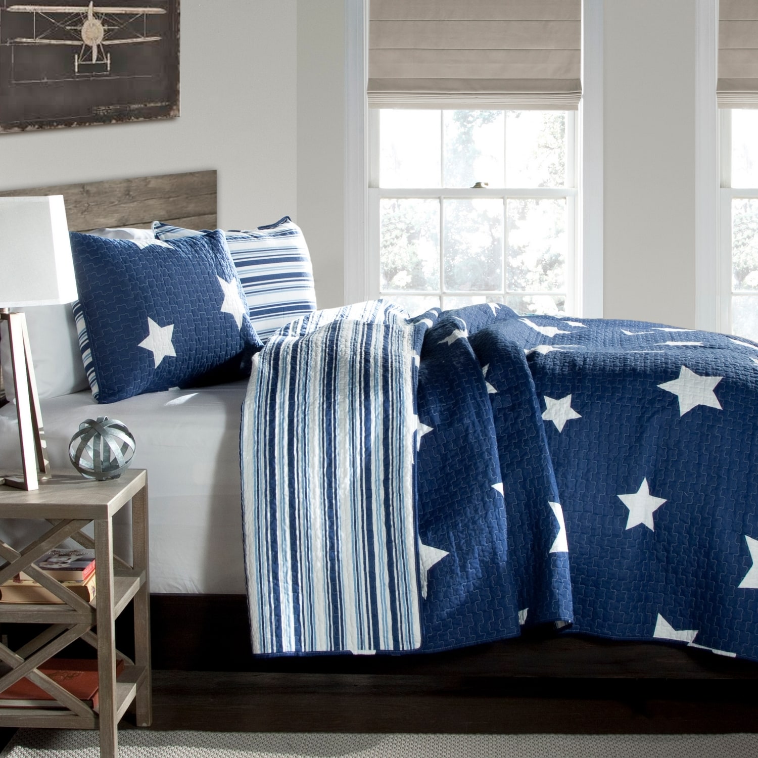 Lush Decor C21903P14-000 Navy Geometric Reversible Twin Quilt Cotton