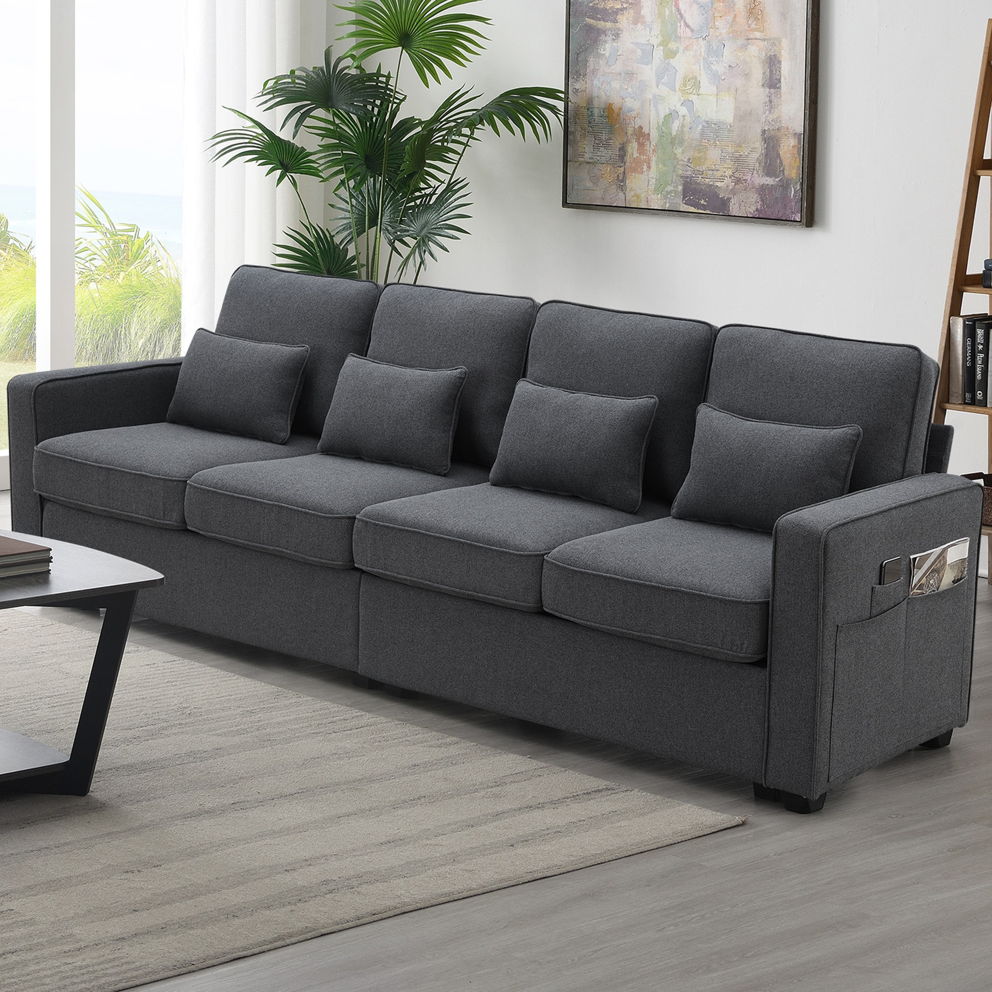 ModernLuxe GS008086AAR 4Seater Modern Linen Fabric Sofa with Armrest Pockets and 4 PillowsMinimalist Style Couch for Living Room Apartment Office3 Colors