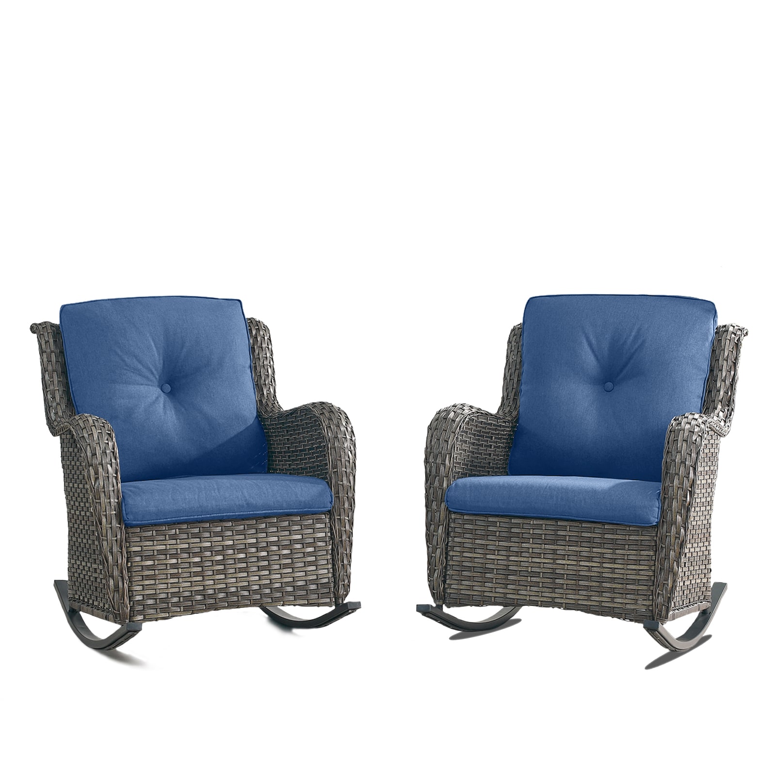 Rilyson FS102-1 Curved handrail Set of 2 Wicker Gray Wicker Frame Rocking Chair with Blue Blue Cushioned Seat