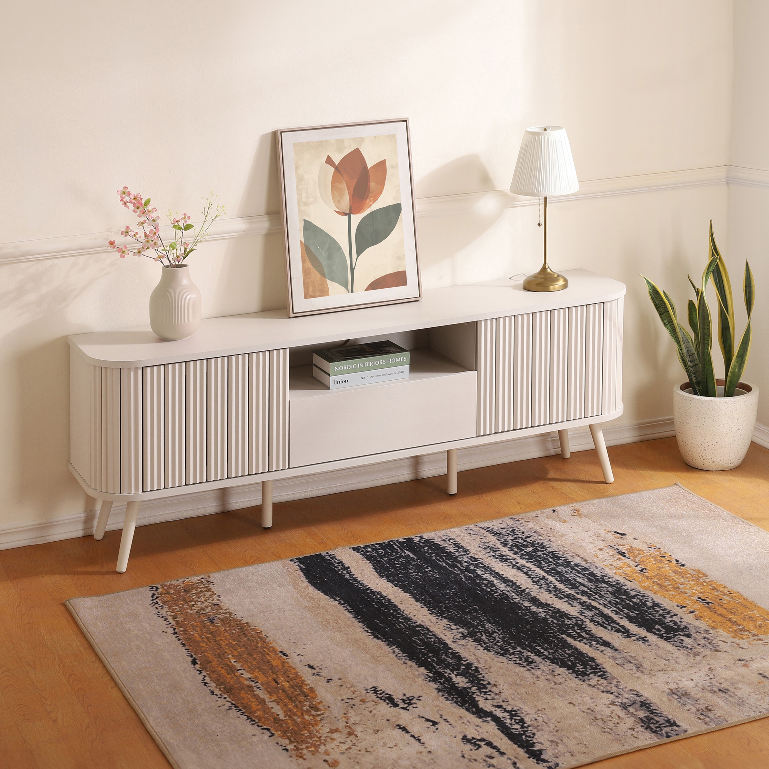JONATHAN  Y TVS1001D Damien 70-in Curved with Drawer and Storage Doors Coastal Farmhouse/Rustic Off-White TV stand ( Accommodates TVs up to 75-in )