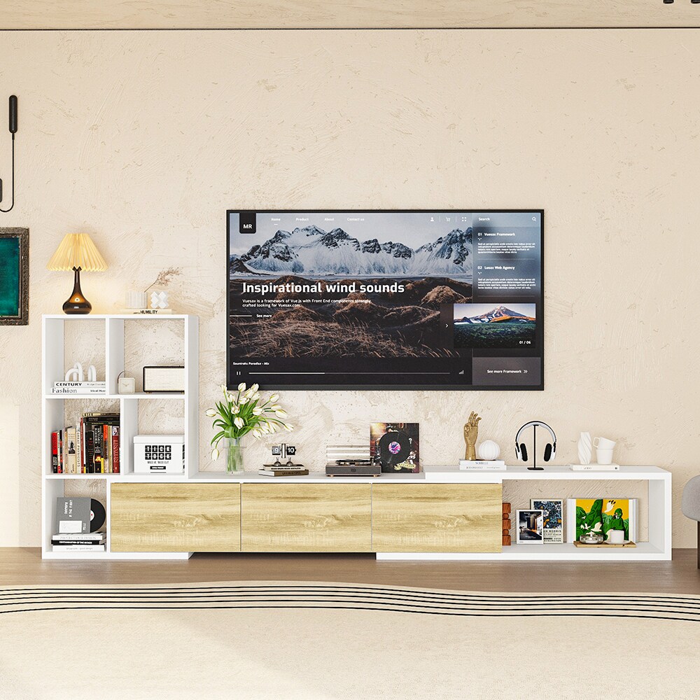 Homsee V-KF150244-01 Spacious Modern TV Cabinet with Adjustable Length White and Natural Wood Finish Durable Storage Solution for Living Room