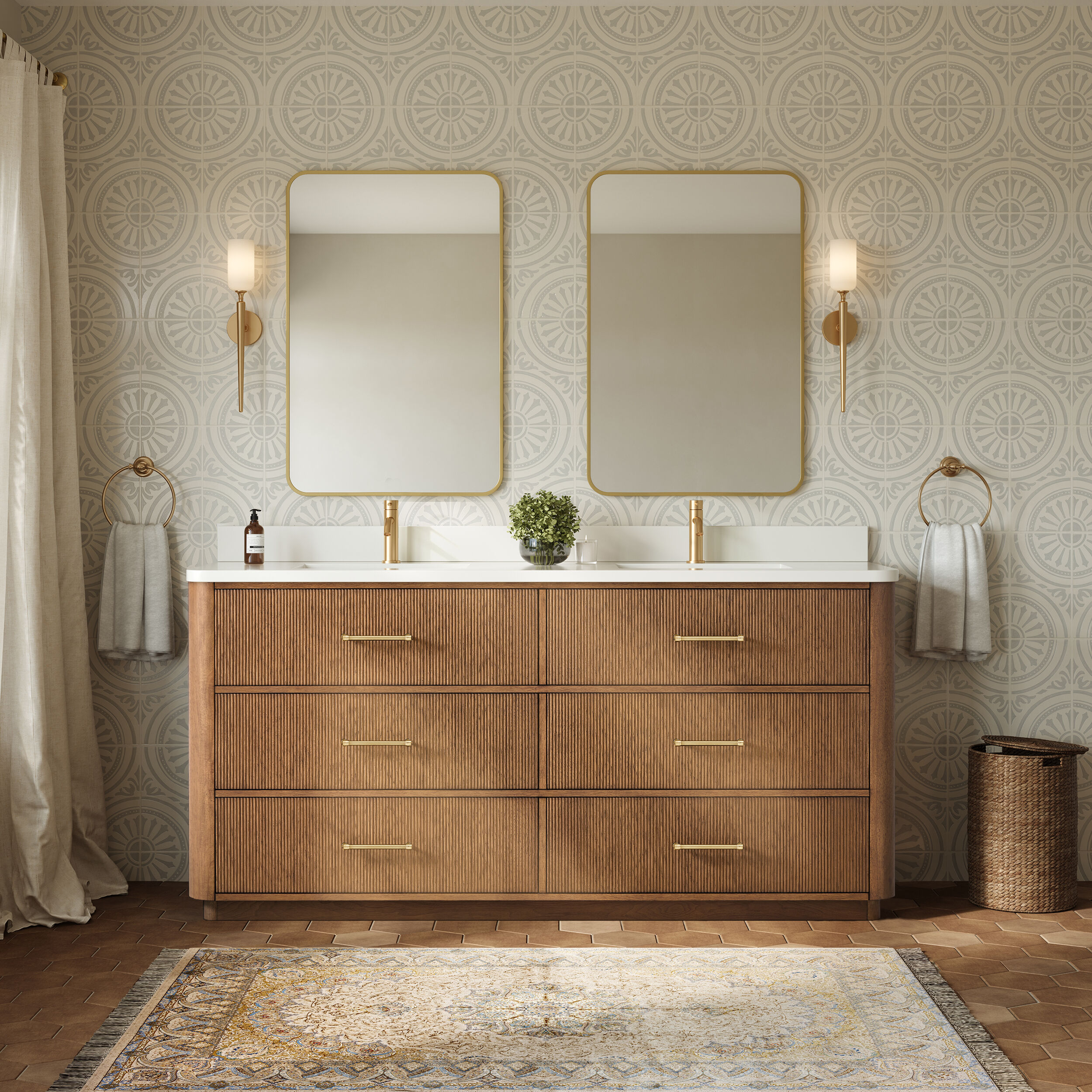 Wyndham Collection Francesca 72 Inch Double Bathroom Vanity in Toasted Walnut, Rounded White Quartz Countertop, Undermount Square Sinks (1-Hole), Satin Bronze Trim