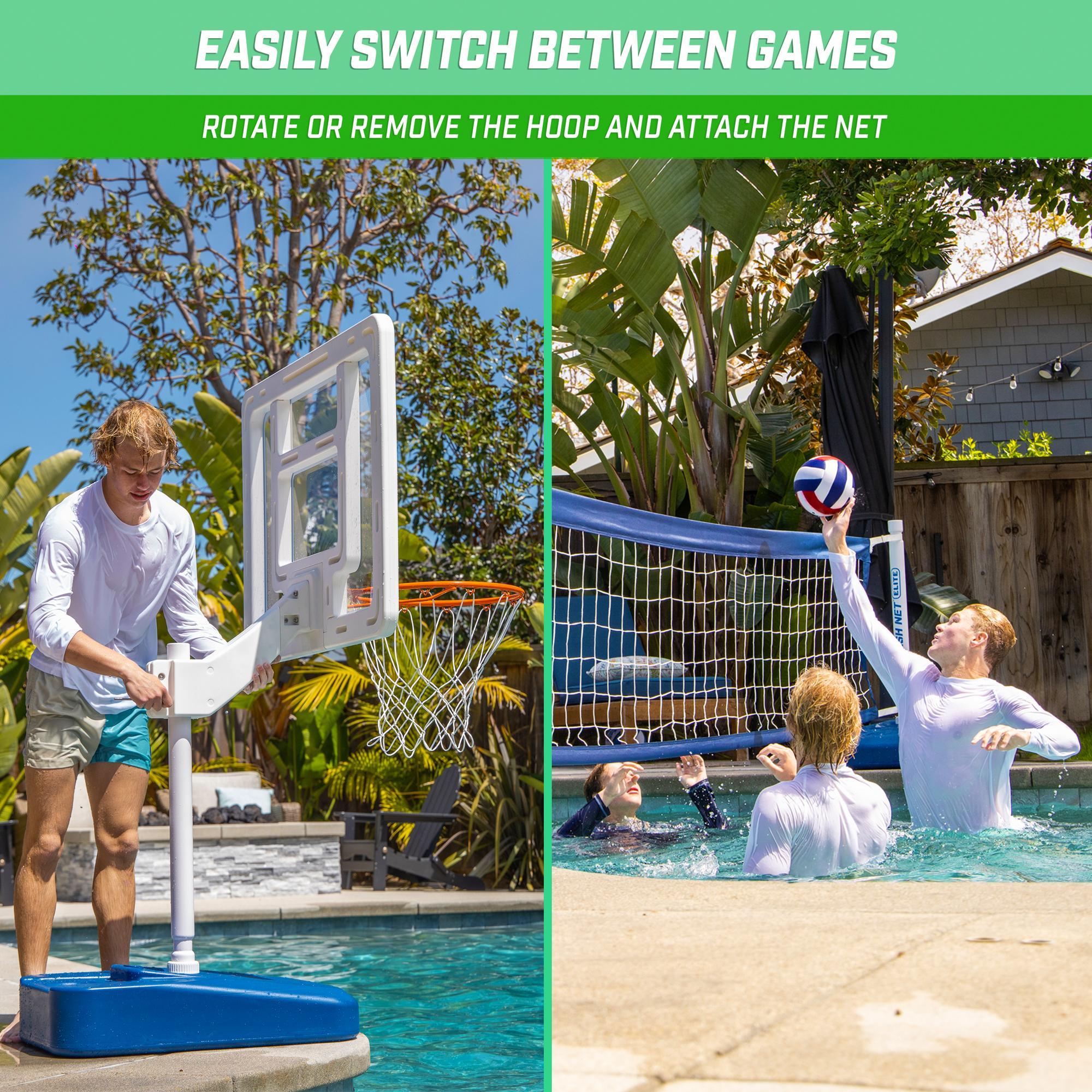 Blue and White Adjustable Metal Pool Basketball and Volleyball Set