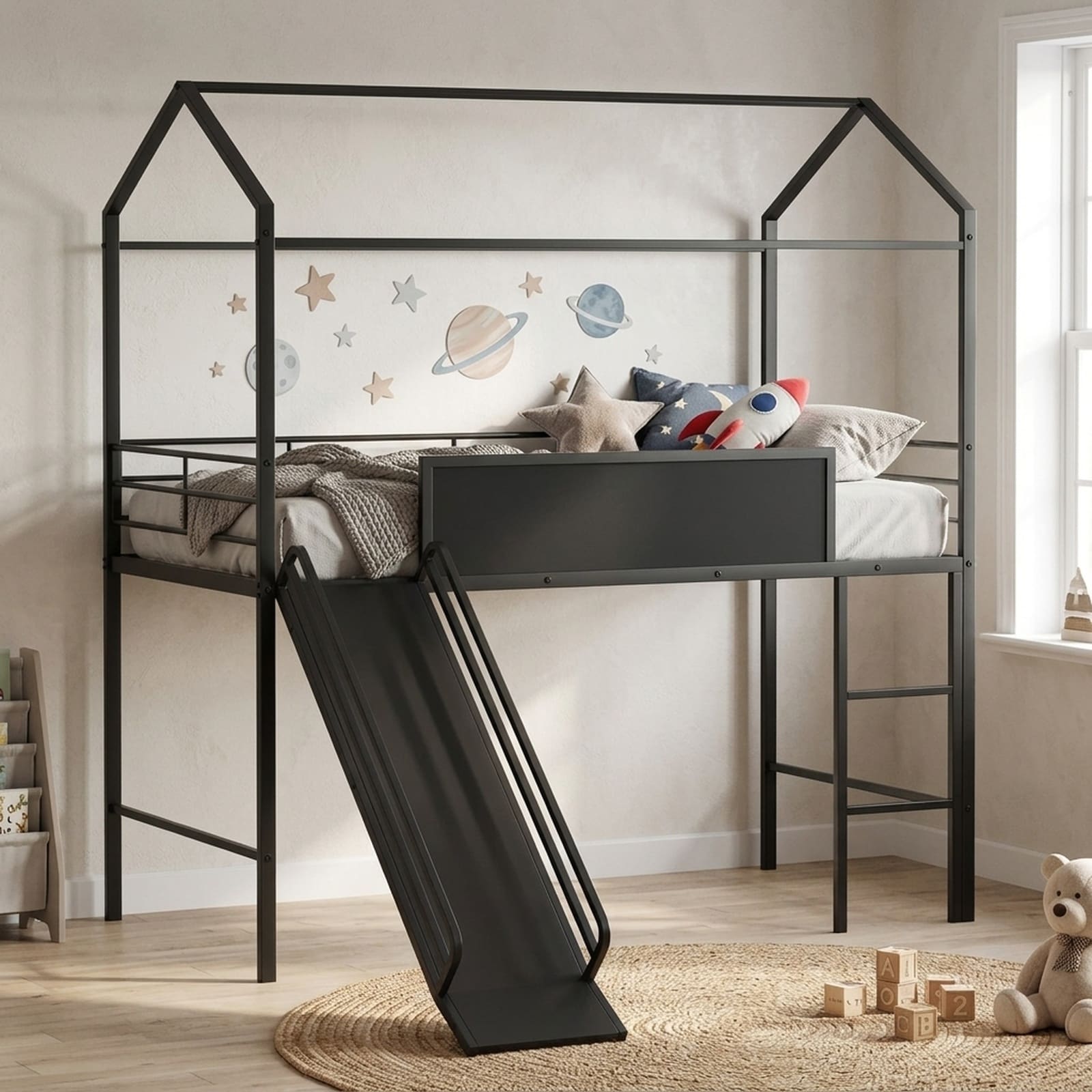 SUGIFT Twin Loft Bed for Kids with Slide and Ladder House Bed Frame with Chalkboard Metal Kids Bed for Bedroom Playroom