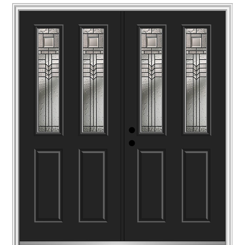 MMI DOOR ZZ3665218R 60-in x 80-in x 6-9/16-in Fiberglass Twin lite Right-hand inswing Black Painted Prehung Double Front Door with Brickmould Insulating core