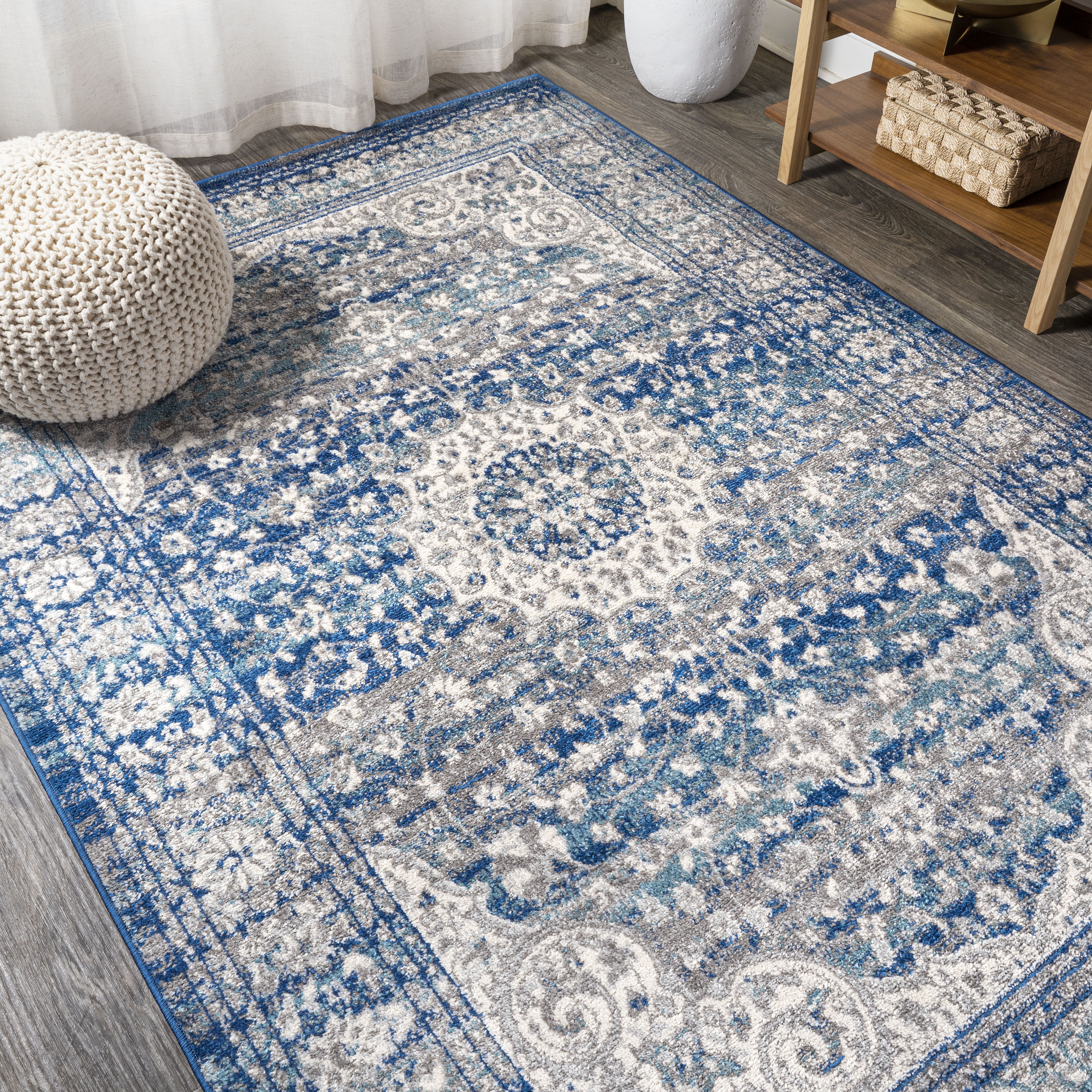 Blue and Dark Gray Medallion Synthetic 4' x 6' Area Rug