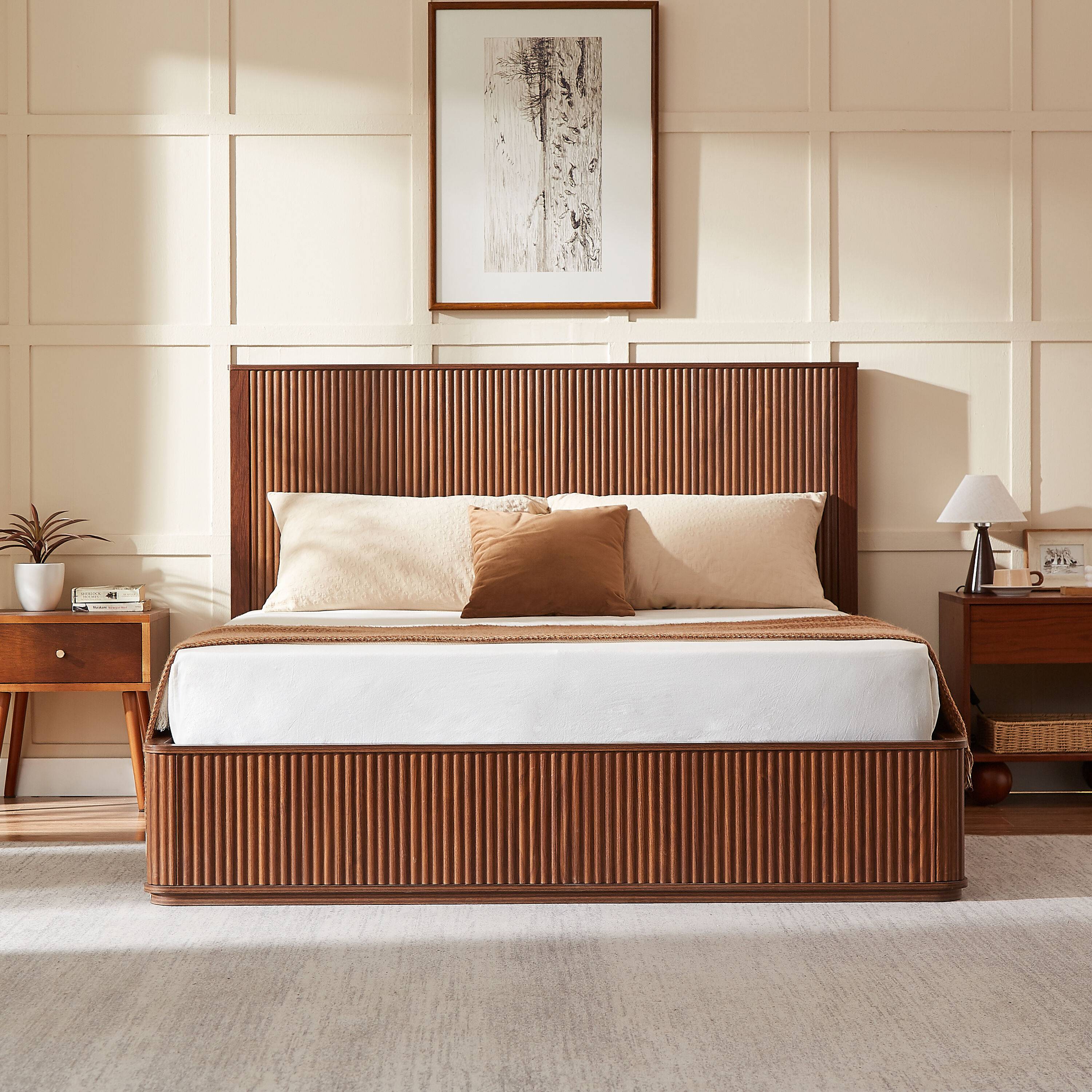 Walnut Wave Pattern Wood Grain Headboard Platform Bed Queen Size 44 Inch Tall Modern Minimalist