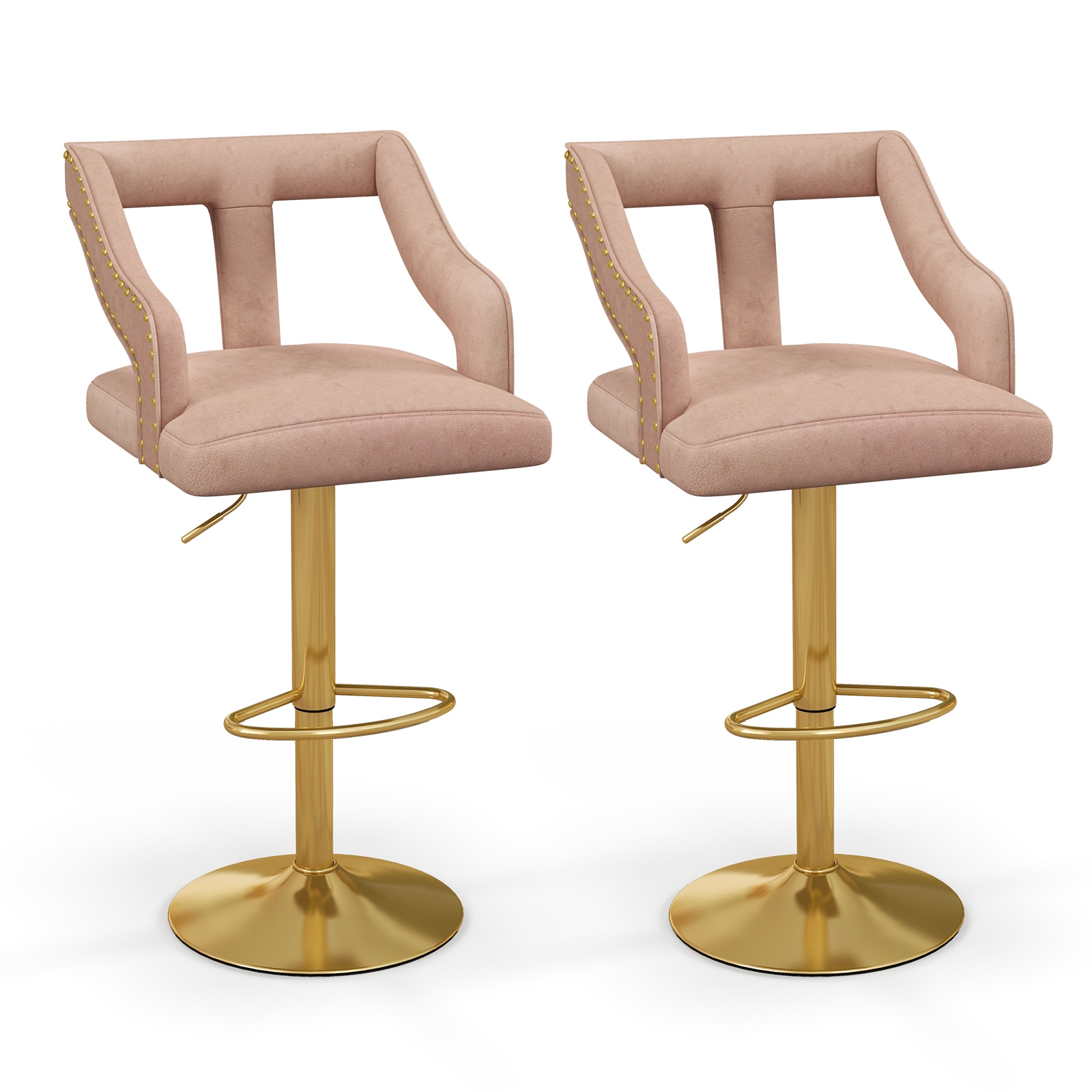 Slickblue Set of 2 Adjustable Swivel Bar Chairs with Dutch Velvet Upholstered Seat 25 to 34 inch H T-Shaped Back for Kitchen Counter Dining or Bar- Pink