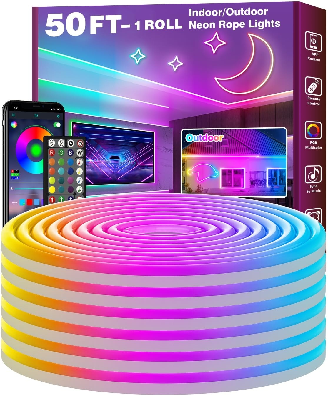 AOIZGMY  50Ft LED Rope Lights RGB Flexible Neon Light Strip App and Remote Control Music Sync IP65 Waterproof for Bedroom Gaming Room Decor