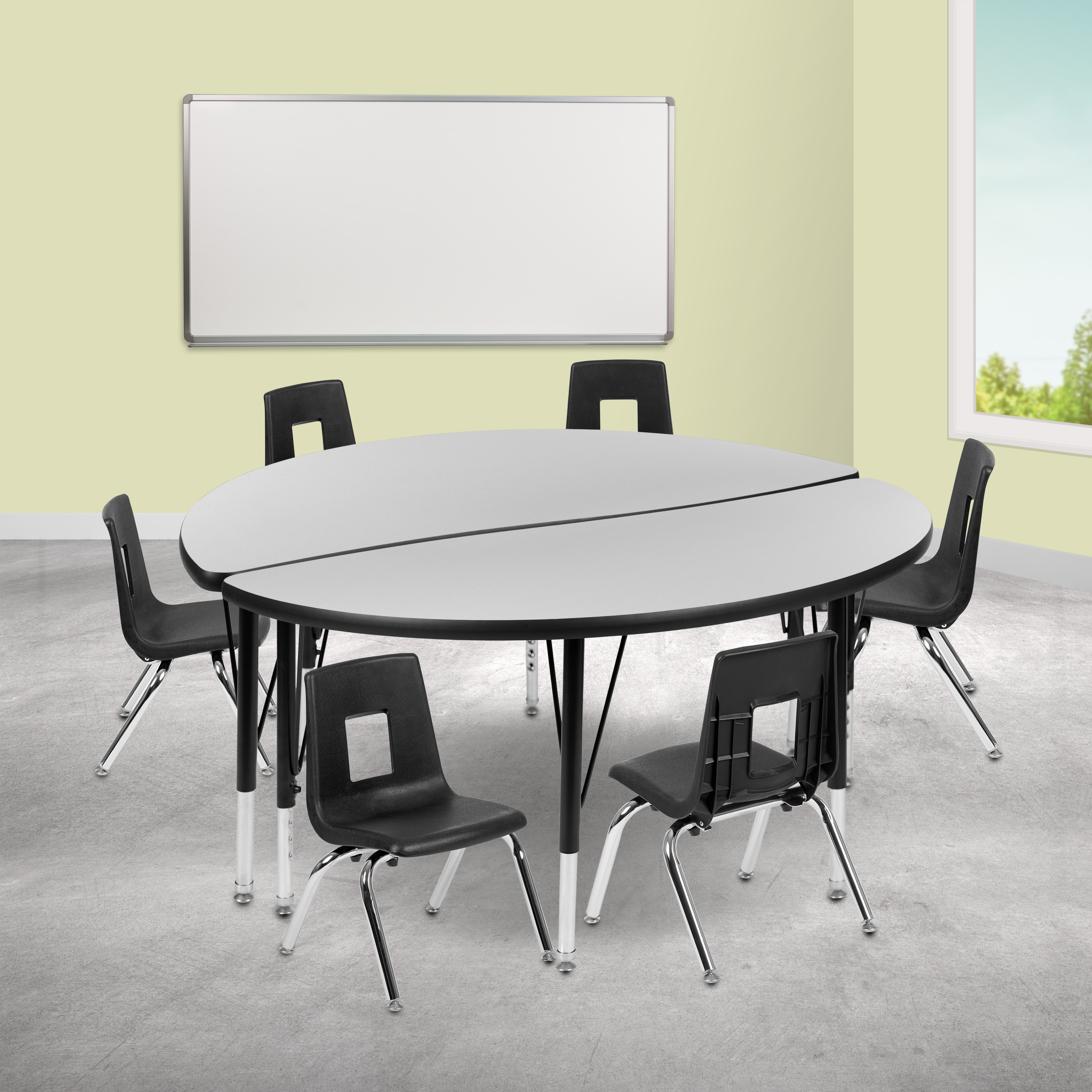 Flash Furniture 889142934240 Emmy 47.5-in Circle Wave Flexible Laminate Activity Table Set with 14-in Student Stack Chairs; Grey/Black
