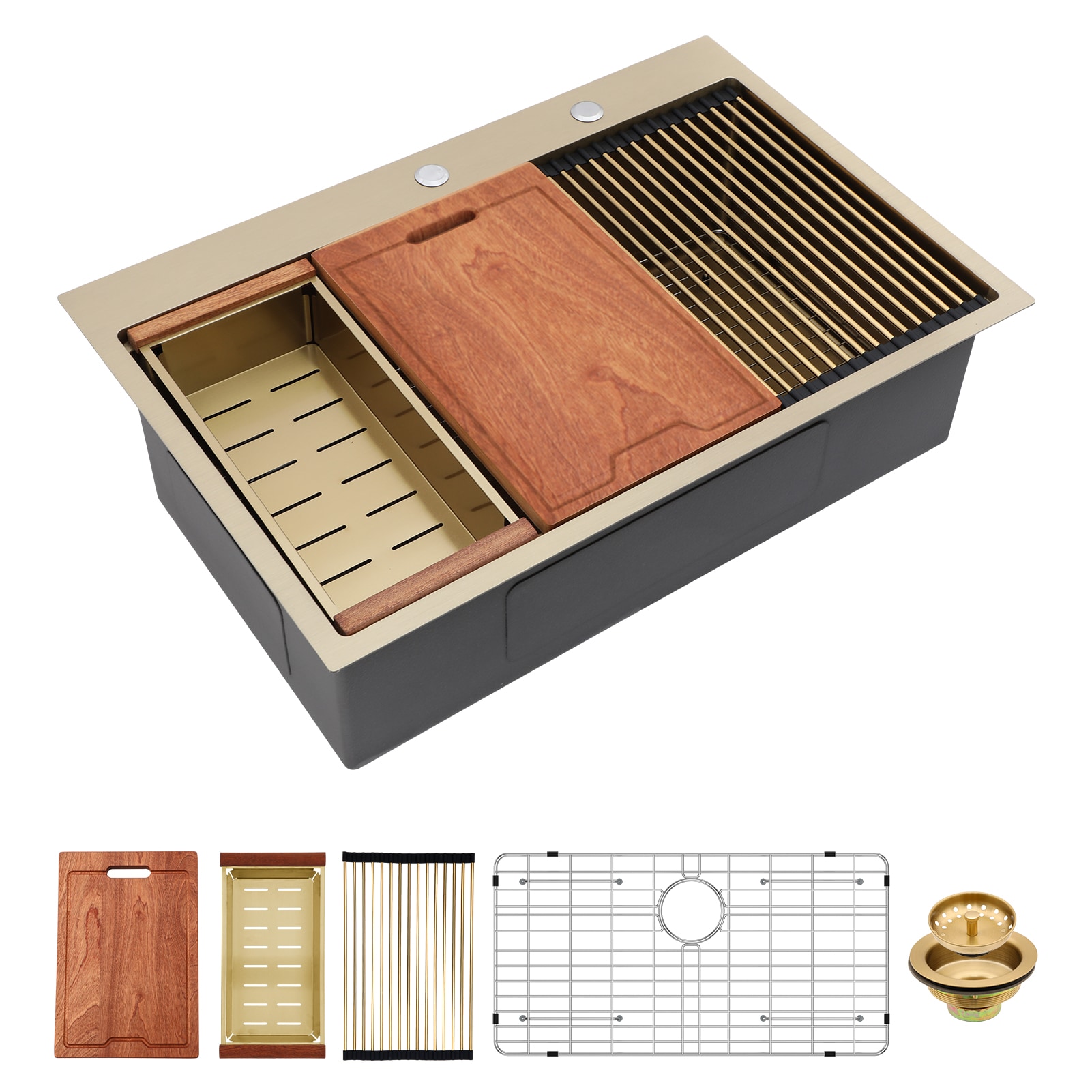 KICHAE Drop-in 36-in x 22-in 16 Gauge Stainless Steel Single Bowl Workstation Kitchen Sink in Gold with Bottom Grid #LKSTTS36221JG